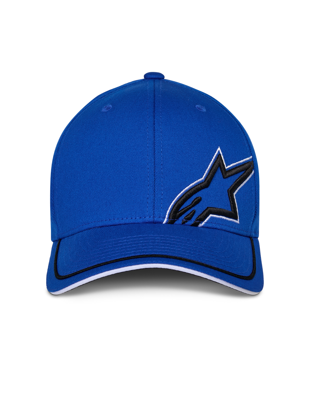 Casquette Alpinestars Corp Shift Relay, bleue, casquette de baseball structurée à visière incurvée, avec broderie du logo Astars en 3D noir et contour blanc, garniture sandwich noire et blanche sur la visière, style streetwear motorsport décontracté