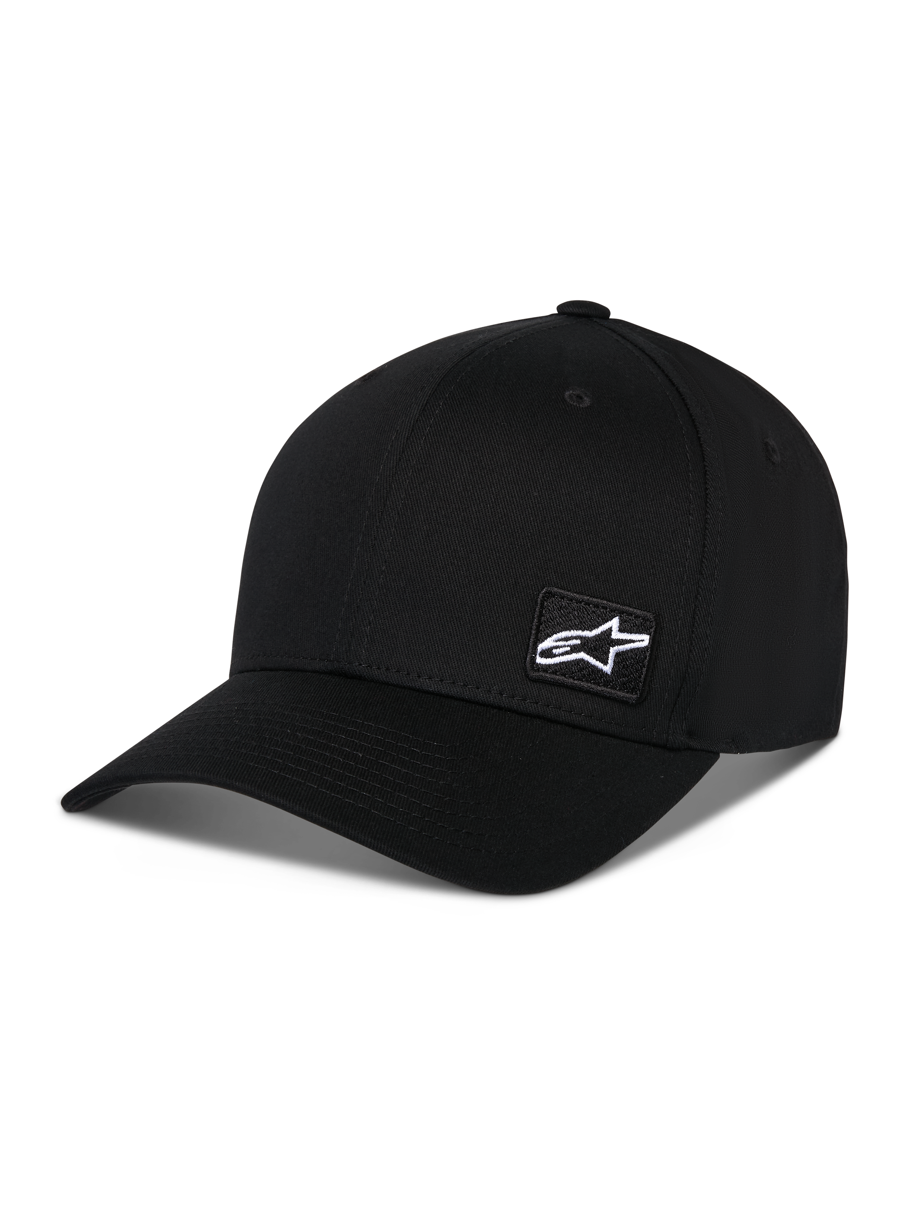 Casquette Alpinestars Pivot, casquette sportswear noire, avec visière courbée et couronne structurée, petit patch logo Astars blanc sur le côté, design décontracté inspiré du sport automobile