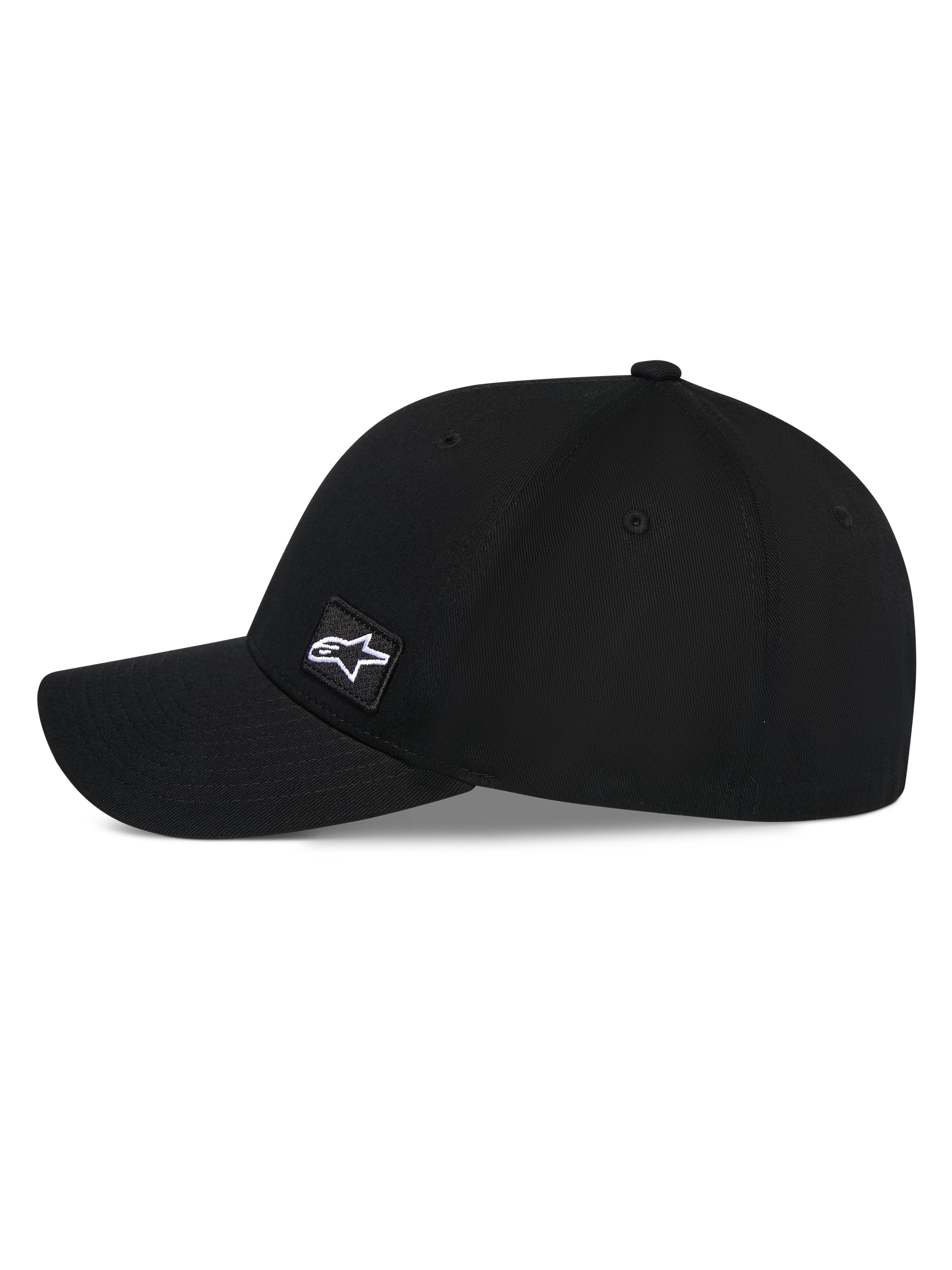 Alpinestars Pivot Hat, Black Baseball Cap, side profile view featuring a curved bill and structured crown, small embroidered square Astars logo patch on the side, casual motorsport-inspired headwear