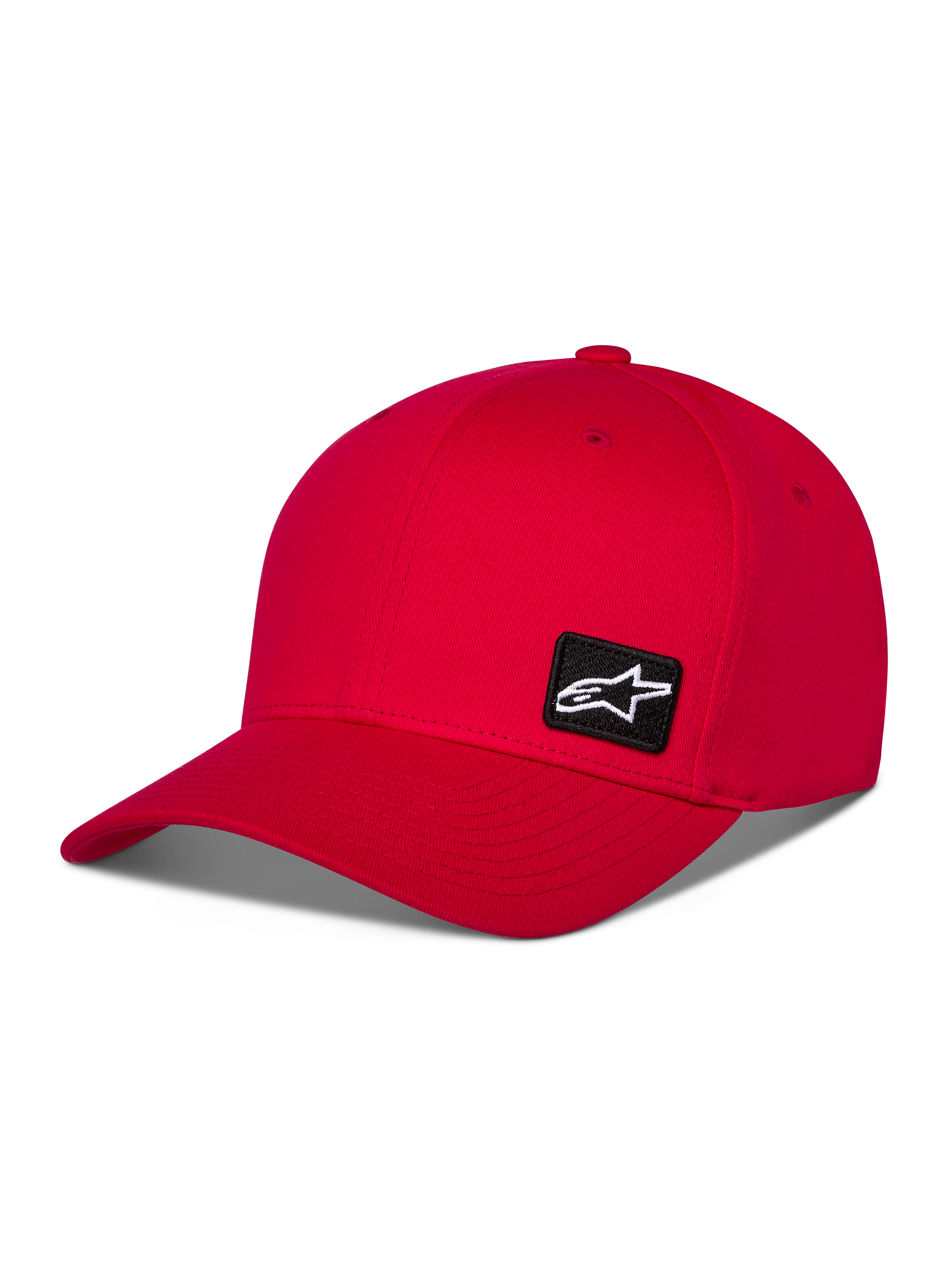 Casquette Alpinestars Pivot, casquette de baseball rouge sportswear, visière courbée avec couronne structurée, ornée d'un petit patch logo Astars noir brodé sur le côté, design motorsport décontracté