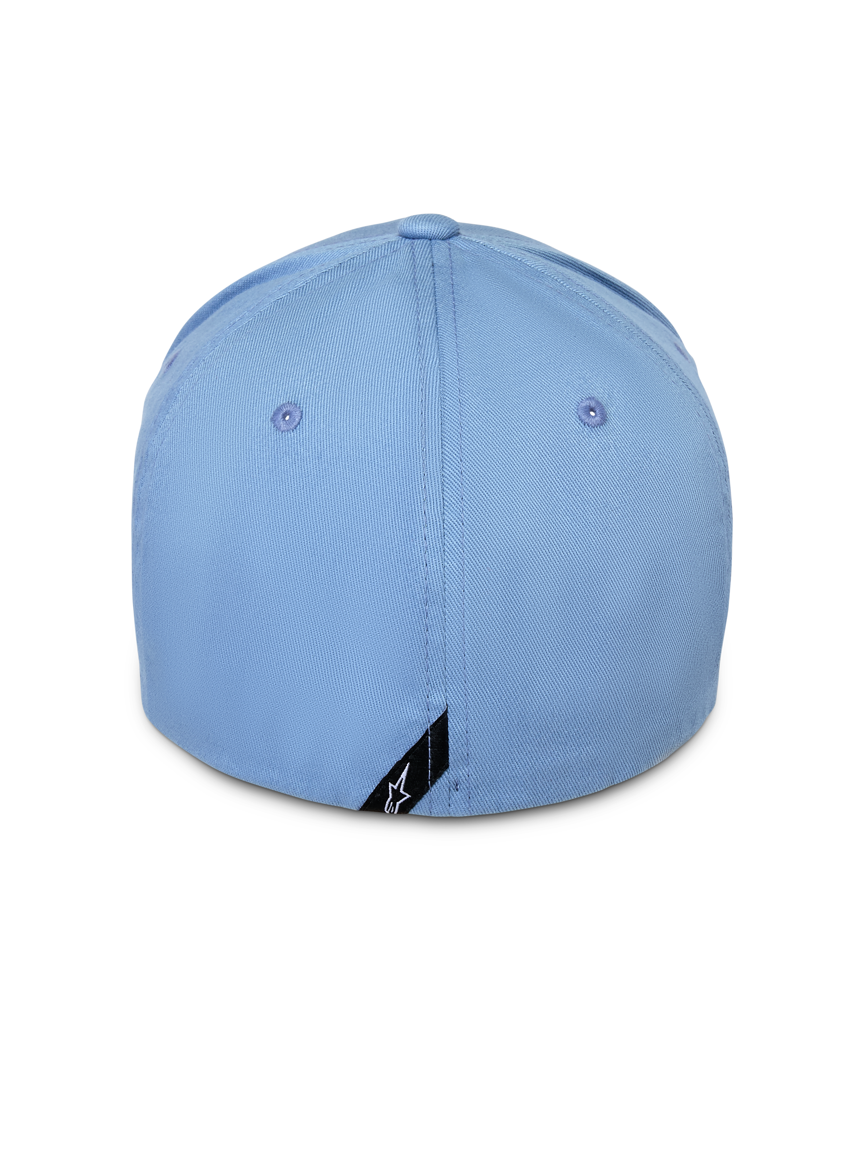 Casquette Alpinestars Pivot, bleu, vue arrière d'une casquette de baseball à dos flexible, sergé de coton bleu clair avec petite étiquette noire logo Astars sur le bord, streetwear décontracté inspiré des sports mécaniques