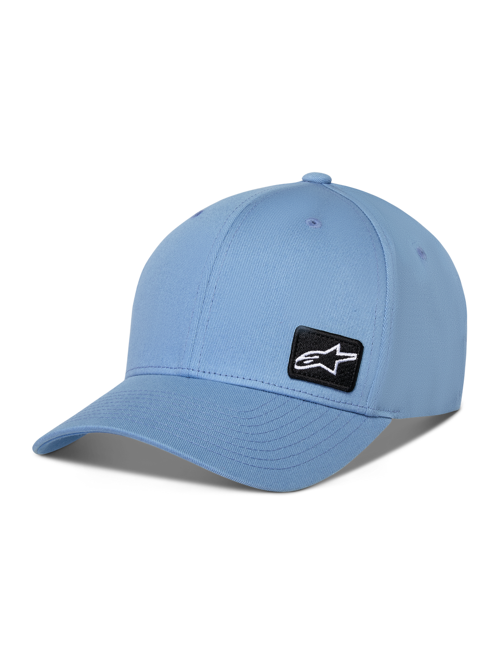 Casquette Alpinestars Pivot, casquette de baseball à visière courbée, bleu, avec un petit patch logo Astars brodé noir sur le côté, accessoire sportswear décontracté