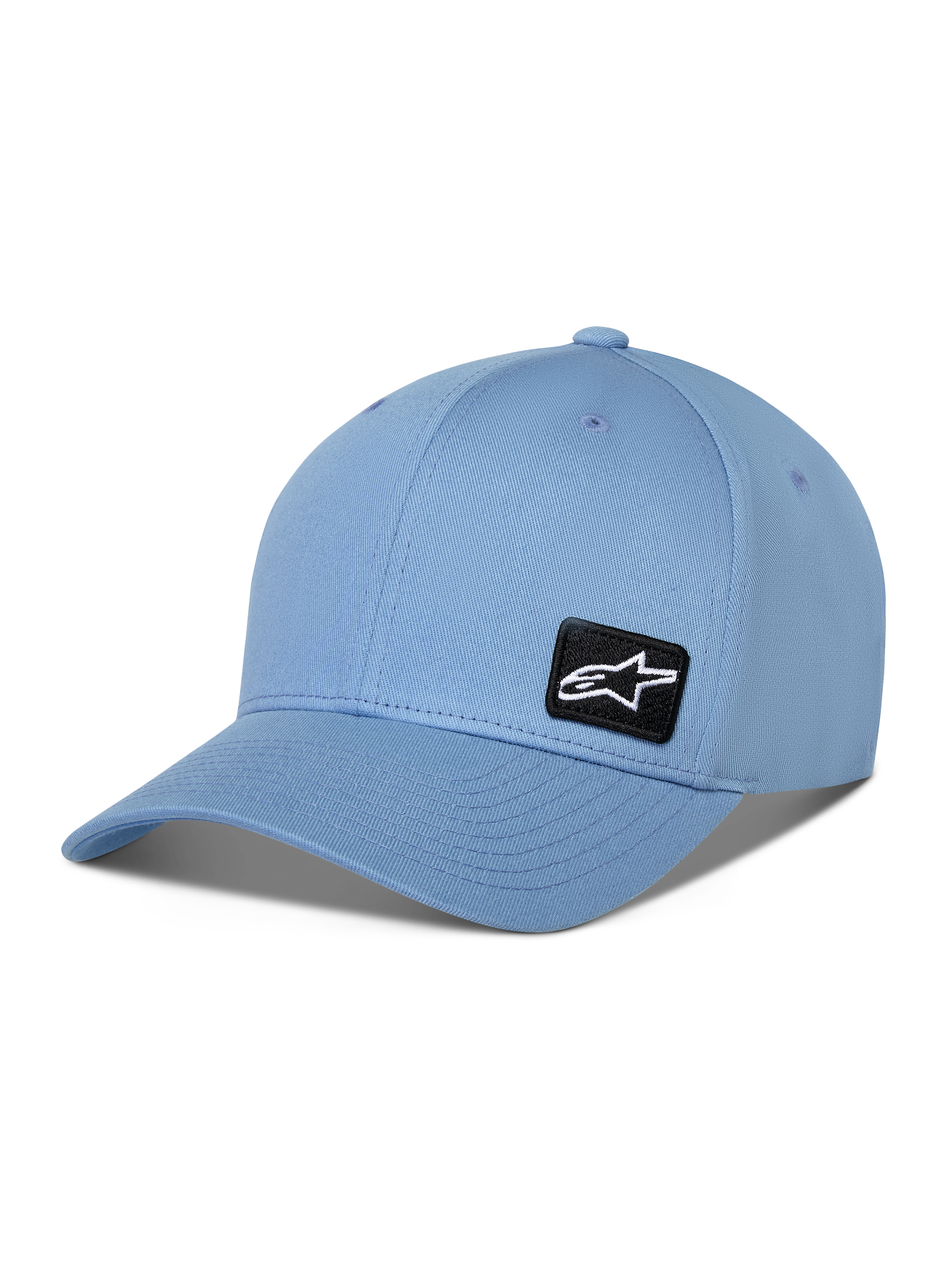 Casquette Alpinestars Pivot, casquette de baseball à visière courbée, bleu, avec un petit patch logo Astars brodé noir sur le côté, accessoire sportswear décontracté