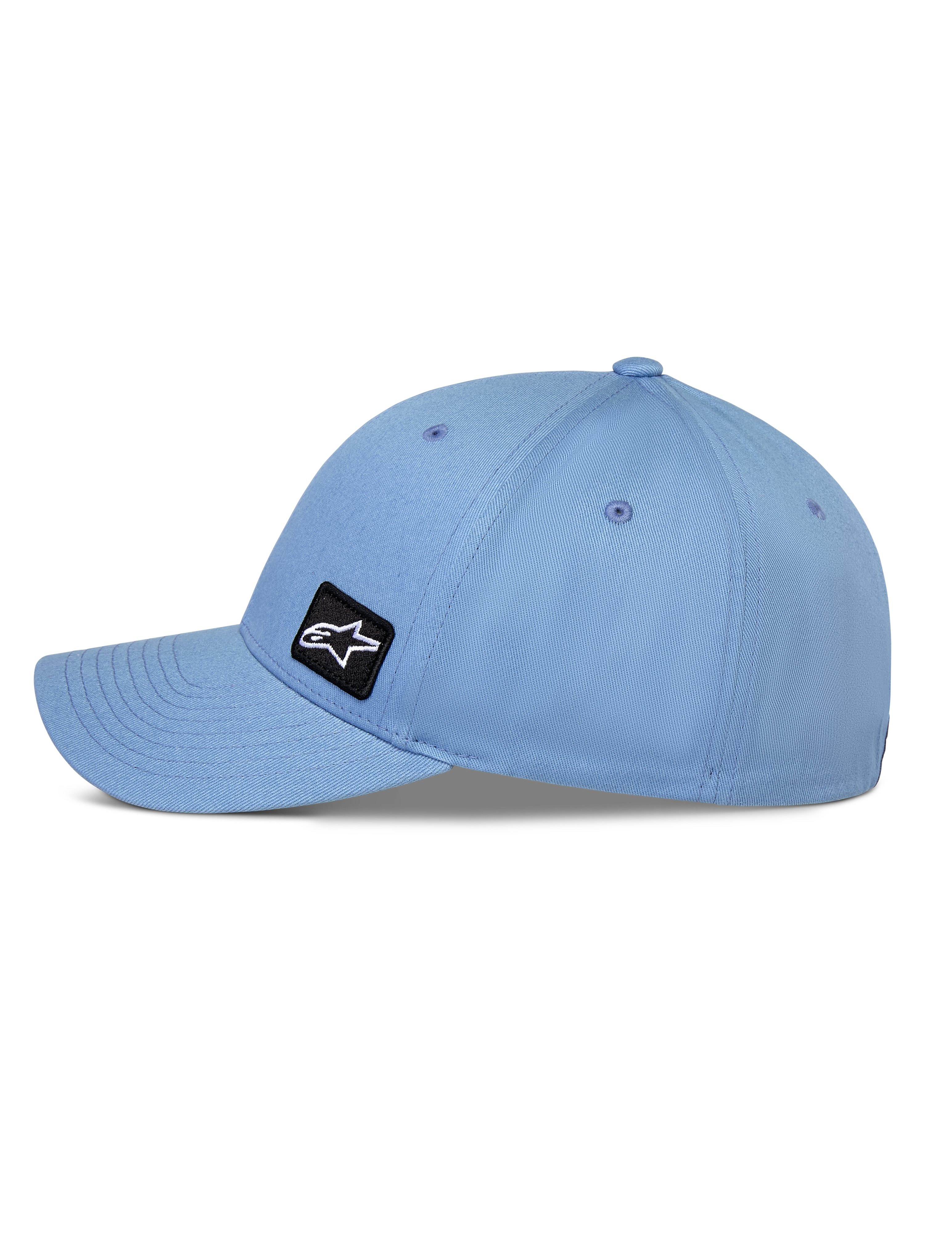 Casquette Alpinestars Pivot, bleue, casquette de style baseball à visière courbée, vue de profil montrant la couronne structurée et le tissu en sergé, petit patch logo Astars brodé noir, sportswear décontracté inspiré du sport automobile