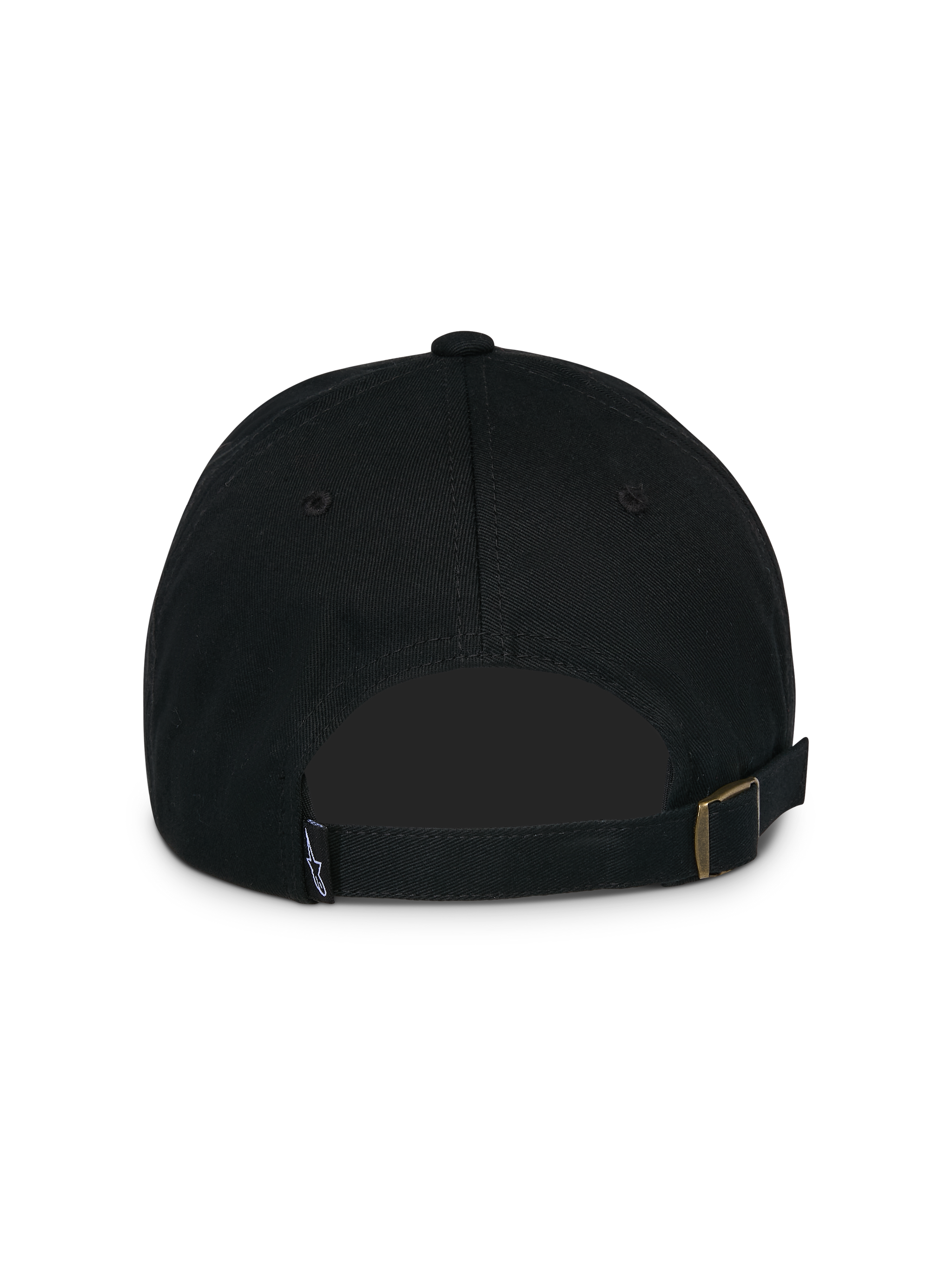Casquette Alpinestars Calipalm Strapback, noire, vue arrière présentant une fermeture réglable par sangle avec boucle métallique, petite étiquette logo tissée et construction en sergé de coton non structurée