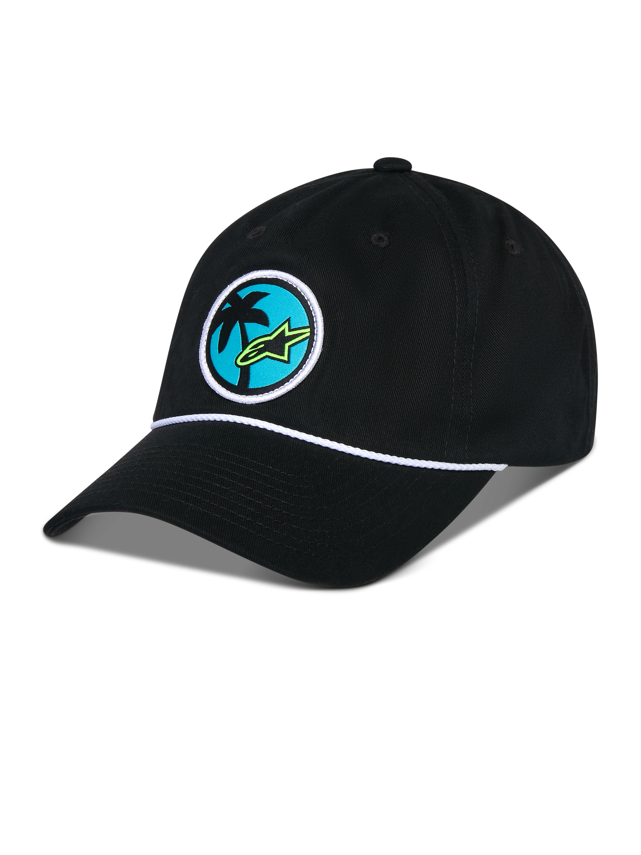 Casquette Alpinestars Calipalm Strapback, noire, couronne basse non structurée avec visière courbée, détail de corde blanche, écusson circulaire à l'avant avec un palmier et le logo Astars vert lime, sportswear décontracté