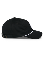 Alpinestars Calipalm Strapback Hat, side profile, black, curved bill with white cord detail, adjustable strapback with brass buckle, 100% cotton twill, casual motorsport-inspired headwear
