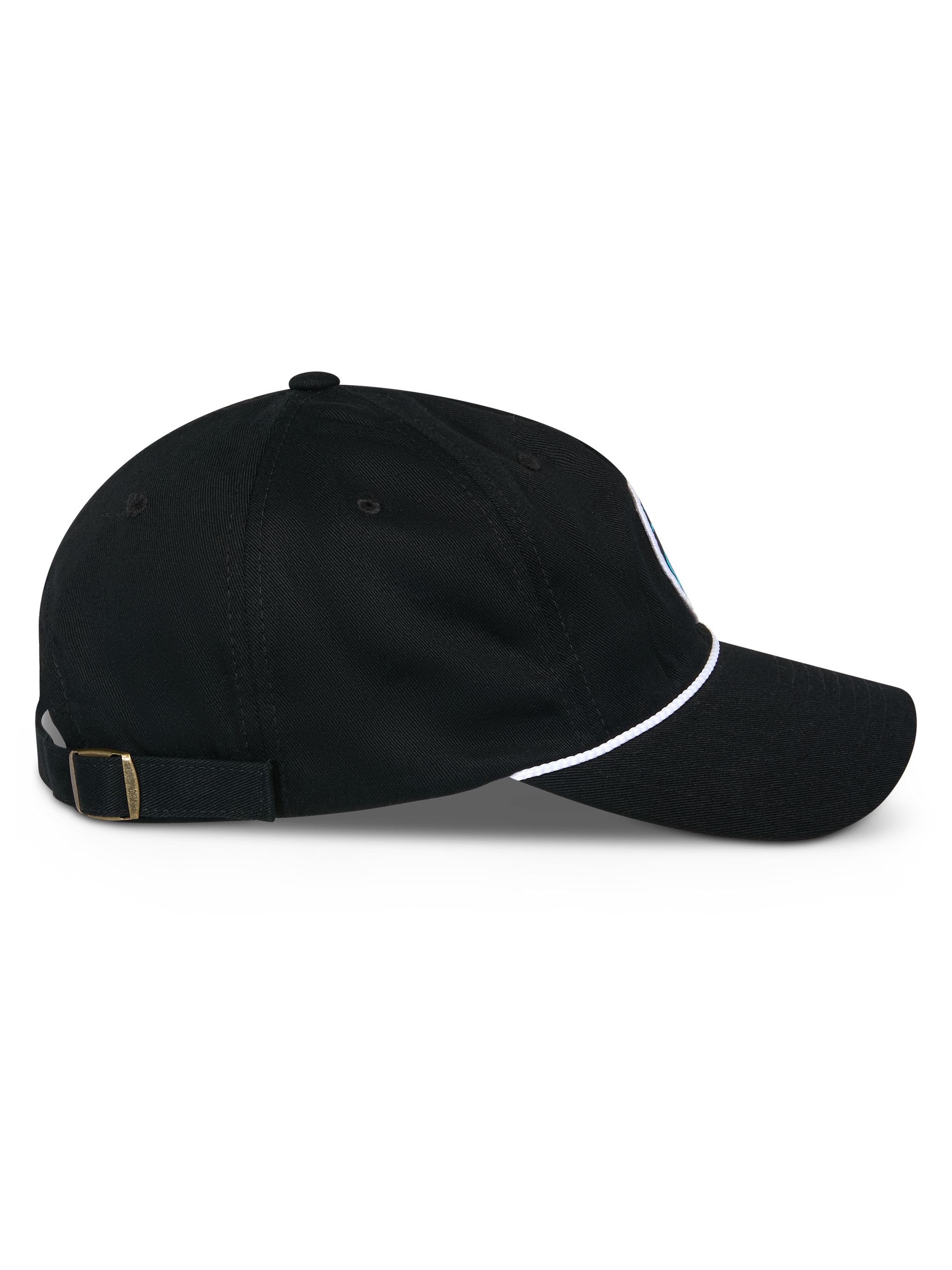 Casquette Alpinestars Calipalm Strapback, vue de profil, noir, visière courbée avec détail de cordon blanc, sangle arrière réglable avec boucle en laiton, sergé 100 % coton, accessoire décontracté inspiré du sport automobile