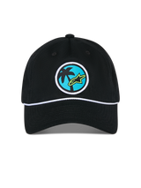 Casquette Alpinestars Calipalm Strapback, casquette noire, dotée d'un écusson tissé circulaire avec un palmier et le logo Astars vert citron sur fond bleu, cordon blanc au-dessus de la visière, sportswear décontracté