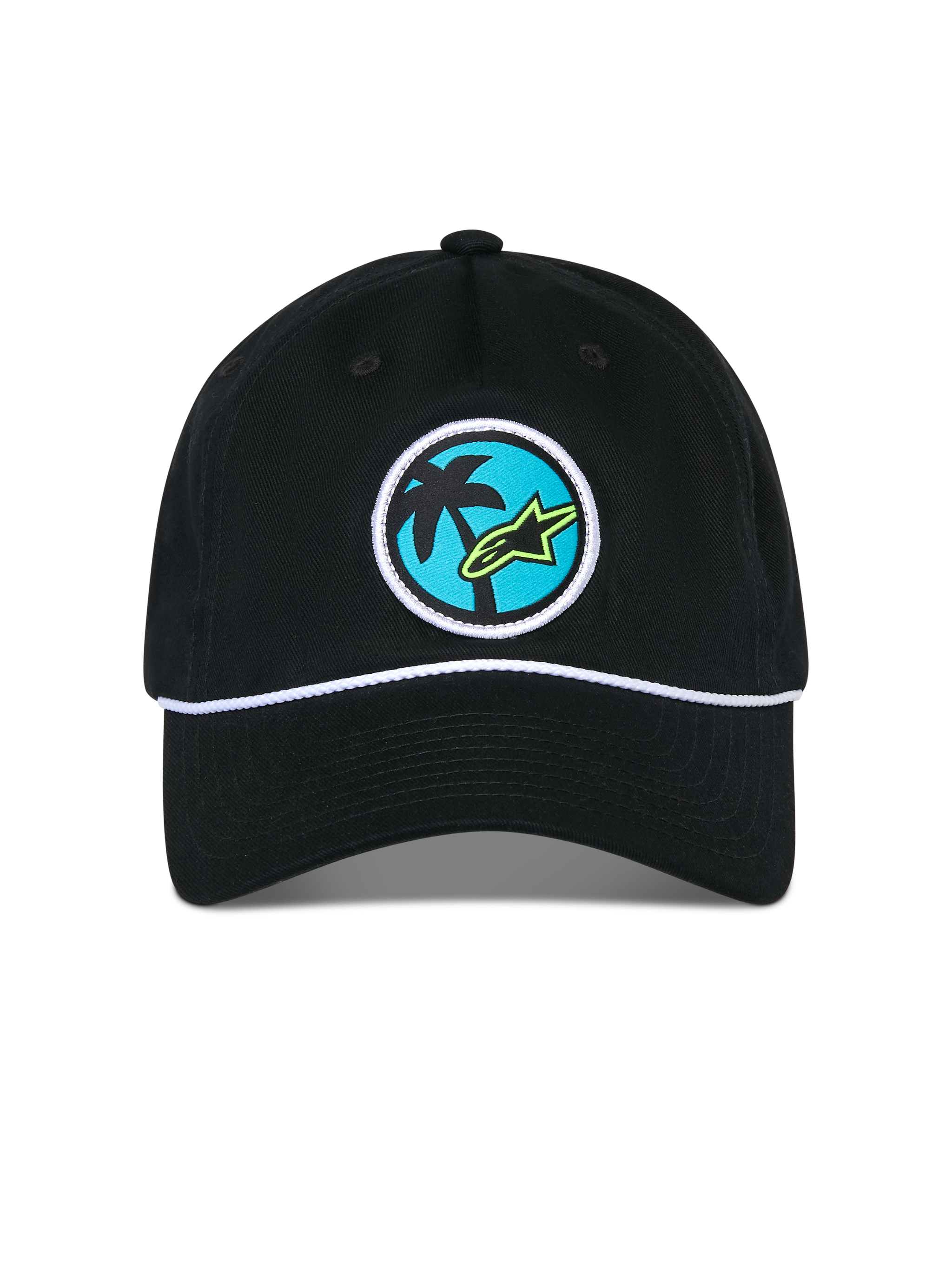 Casquette Alpinestars Calipalm Strapback, casquette noire, dotée d'un écusson tissé circulaire avec un palmier et le logo Astars vert citron sur fond bleu, cordon blanc au-dessus de la visière, sportswear décontracté