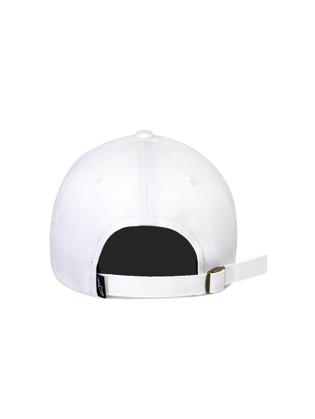 Casquette Strapback Calipalm Alpinestars, blanche, vue arrière montrant la fermeture réglable avec boucle métallique, tissu en sergé de coton blanc, petite étiquette logo tissée noire, design sportswear décontracté