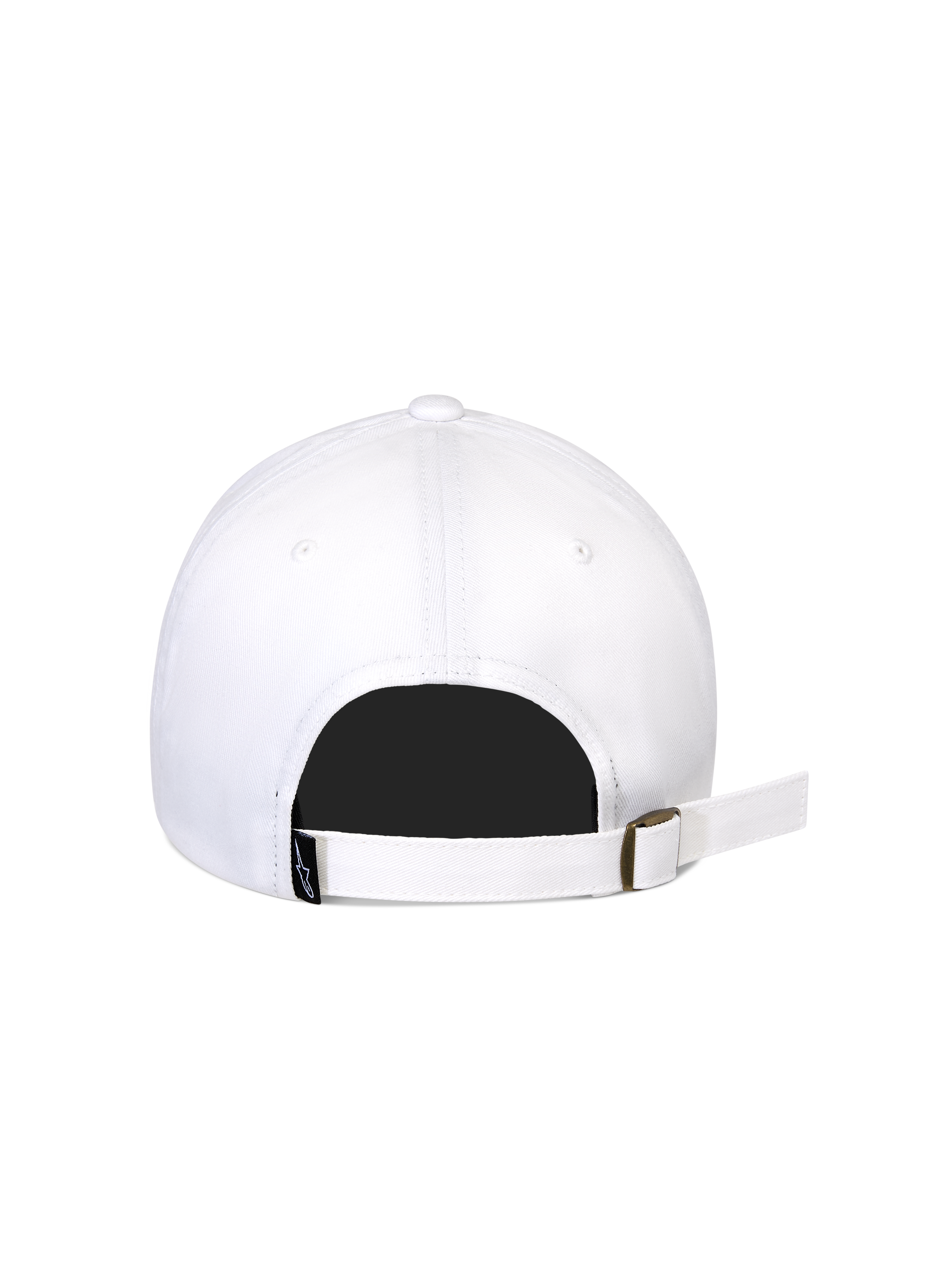 Casquette Strapback Calipalm Alpinestars, blanche, vue arrière montrant la fermeture réglable avec boucle métallique, tissu en sergé de coton blanc, petite étiquette logo tissée noire, design sportswear décontracté