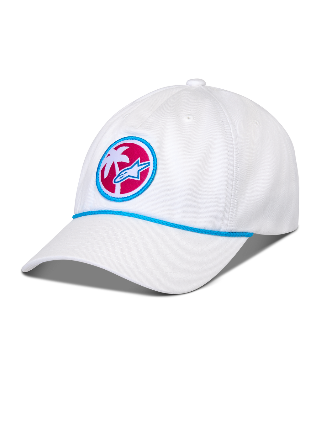 Casquette Strapback Calipalm Alpinestars, blanche, visière courbée avec détail de corde bleue, écusson frontal circulaire présentant un palmier blanc et le logo Astars bleu sur un fond rose, couvre-chef sportswear décontracté