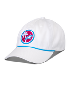Casquette Strapback Calipalm Alpinestars, blanche, visière courbée avec détail de corde bleue, écusson frontal circulaire présentant un palmier blanc et le logo Astars bleu sur un fond rose, couvre-chef sportswear décontracté