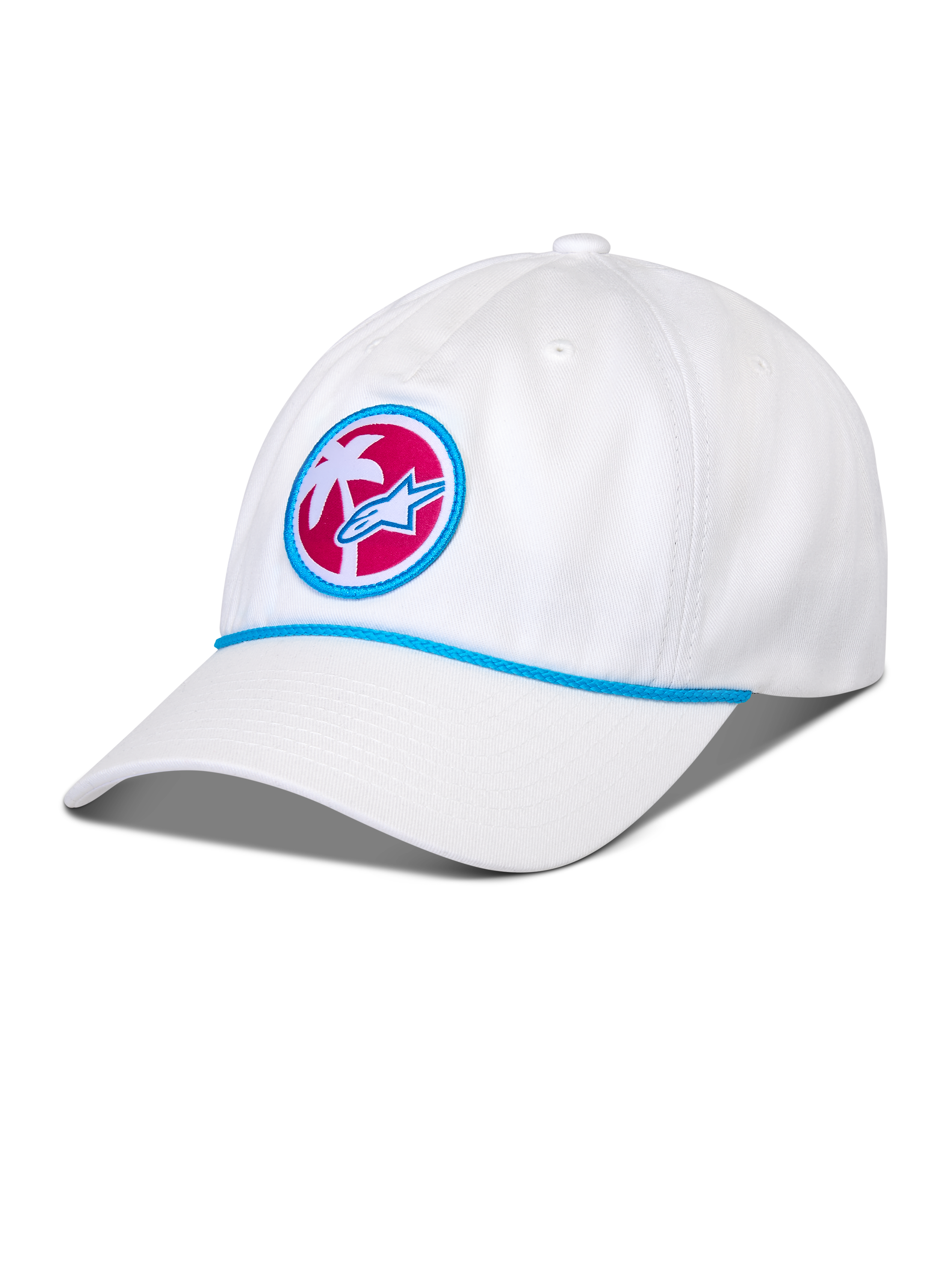 Casquette Strapback Calipalm Alpinestars, blanche, visière courbée avec détail de corde bleue, écusson frontal circulaire présentant un palmier blanc et le logo Astars bleu sur un fond rose, couvre-chef sportswear décontracté