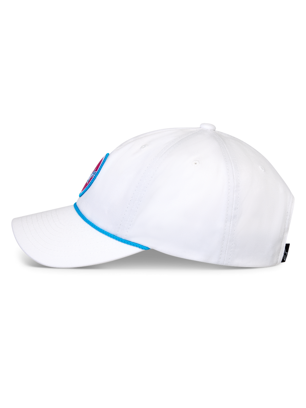Casquette Strapback Calipalm Alpinestars, casquette de baseball blanche, vue latérale présentant une visière courbée et un détail de corde bleue, couronne basse non structurée en sergé de coton blanc, accessoire sportswear décontracté