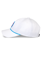 Casquette Strapback Calipalm Alpinestars, casquette de baseball blanche, vue latérale présentant une visière courbée et un détail de corde bleue, couronne basse non structurée en sergé de coton blanc, accessoire sportswear décontracté