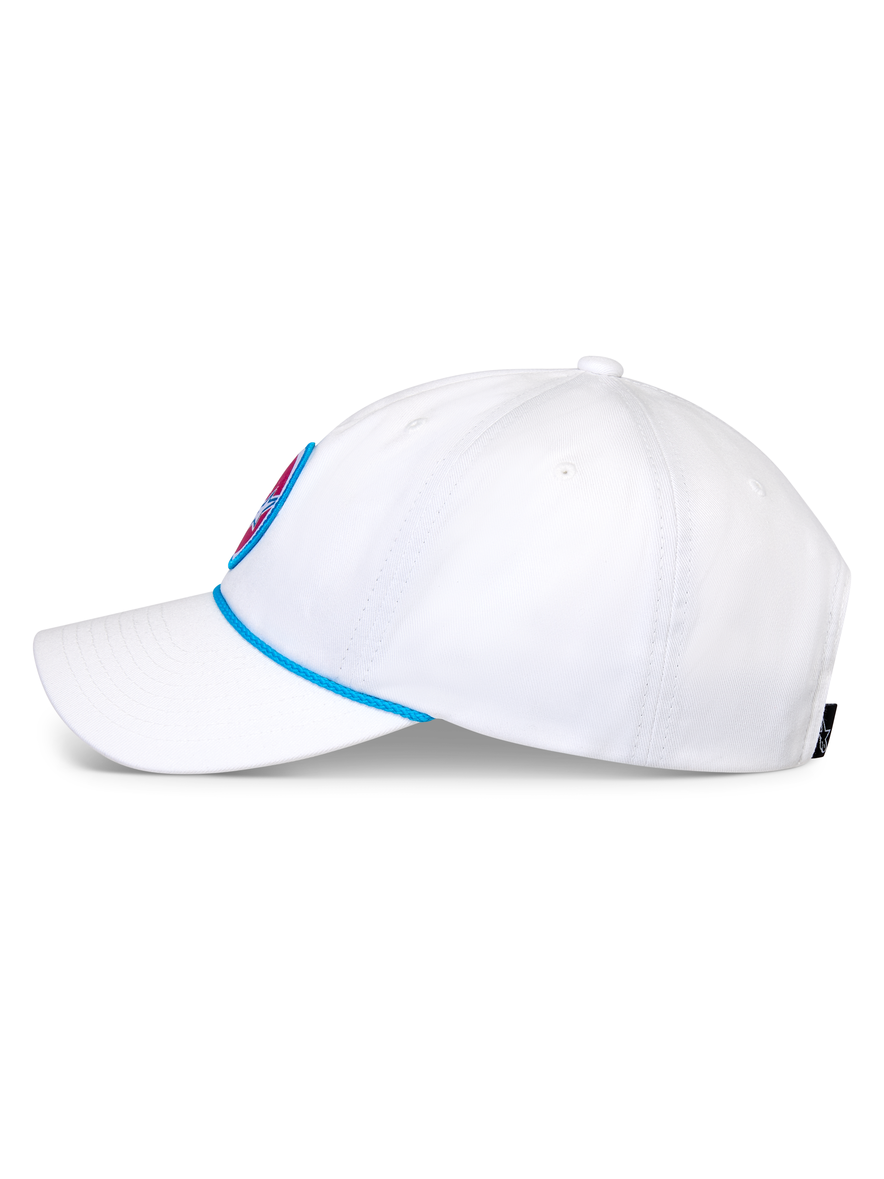Casquette Strapback Calipalm Alpinestars, casquette de baseball blanche, vue latérale présentant une visière courbée et un détail de corde bleue, couronne basse non structurée en sergé de coton blanc, accessoire sportswear décontracté