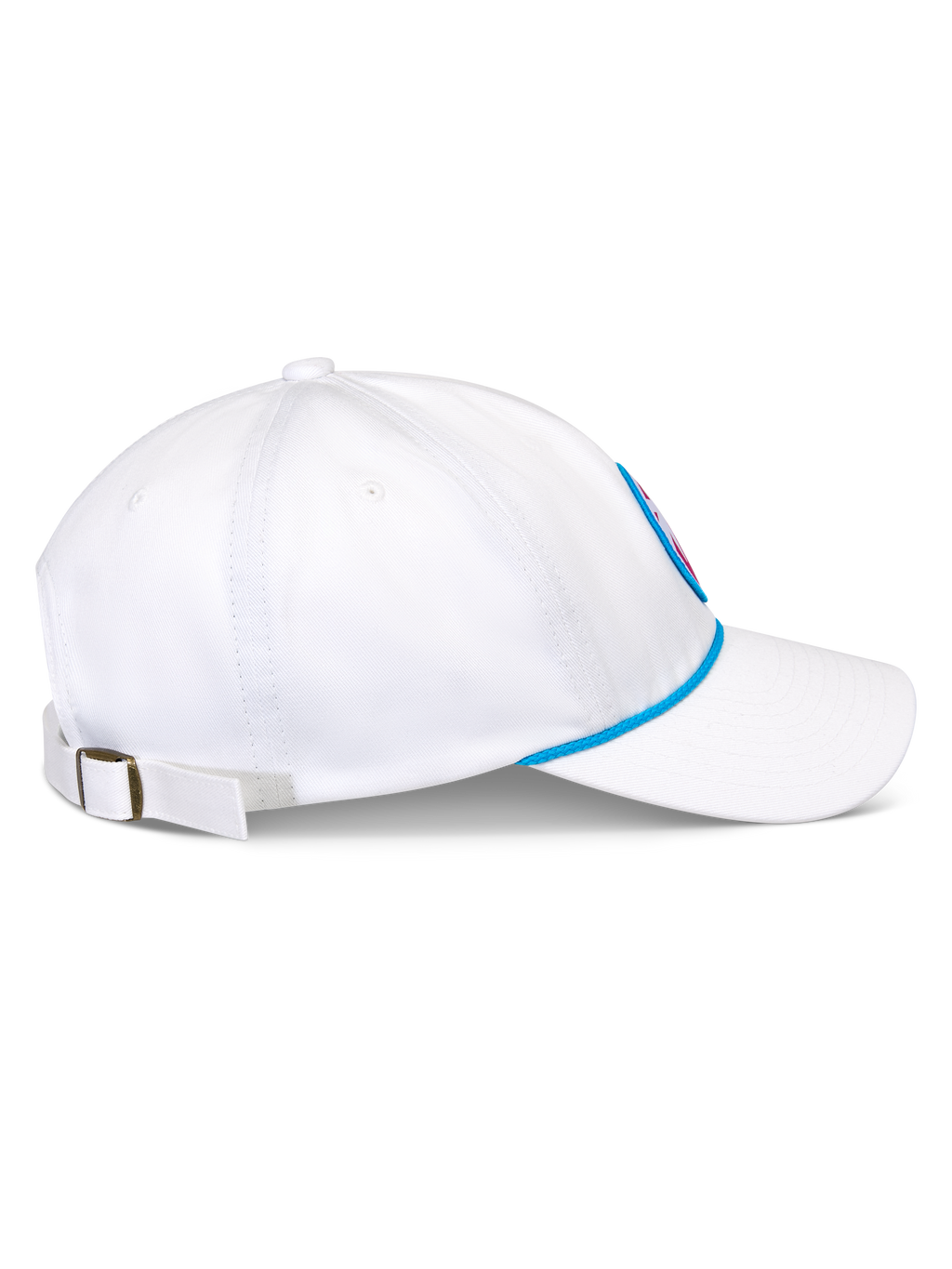 Casquette Strapback Calipalm Alpinestars, blanche, vue de profil montrant la visière courbée et la couronne basse non structurée, détail de corde bleue à la base, sangle arrière réglable avec boucle métallique, accessoire sportswear décontracté en sergé de coton