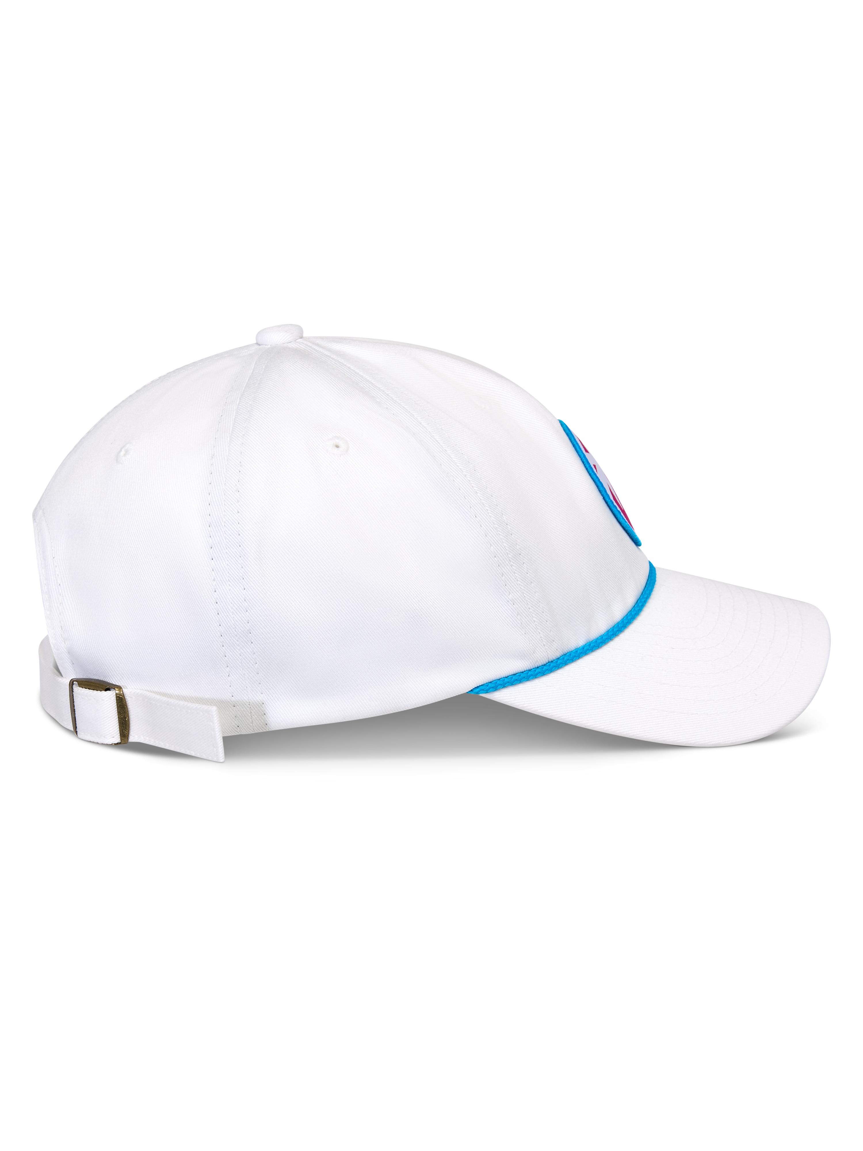 Casquette Strapback Calipalm Alpinestars, blanche, vue de profil montrant la visière courbée et la couronne basse non structurée, détail de corde bleue à la base, sangle arrière réglable avec boucle métallique, accessoire sportswear décontracté en sergé de coton