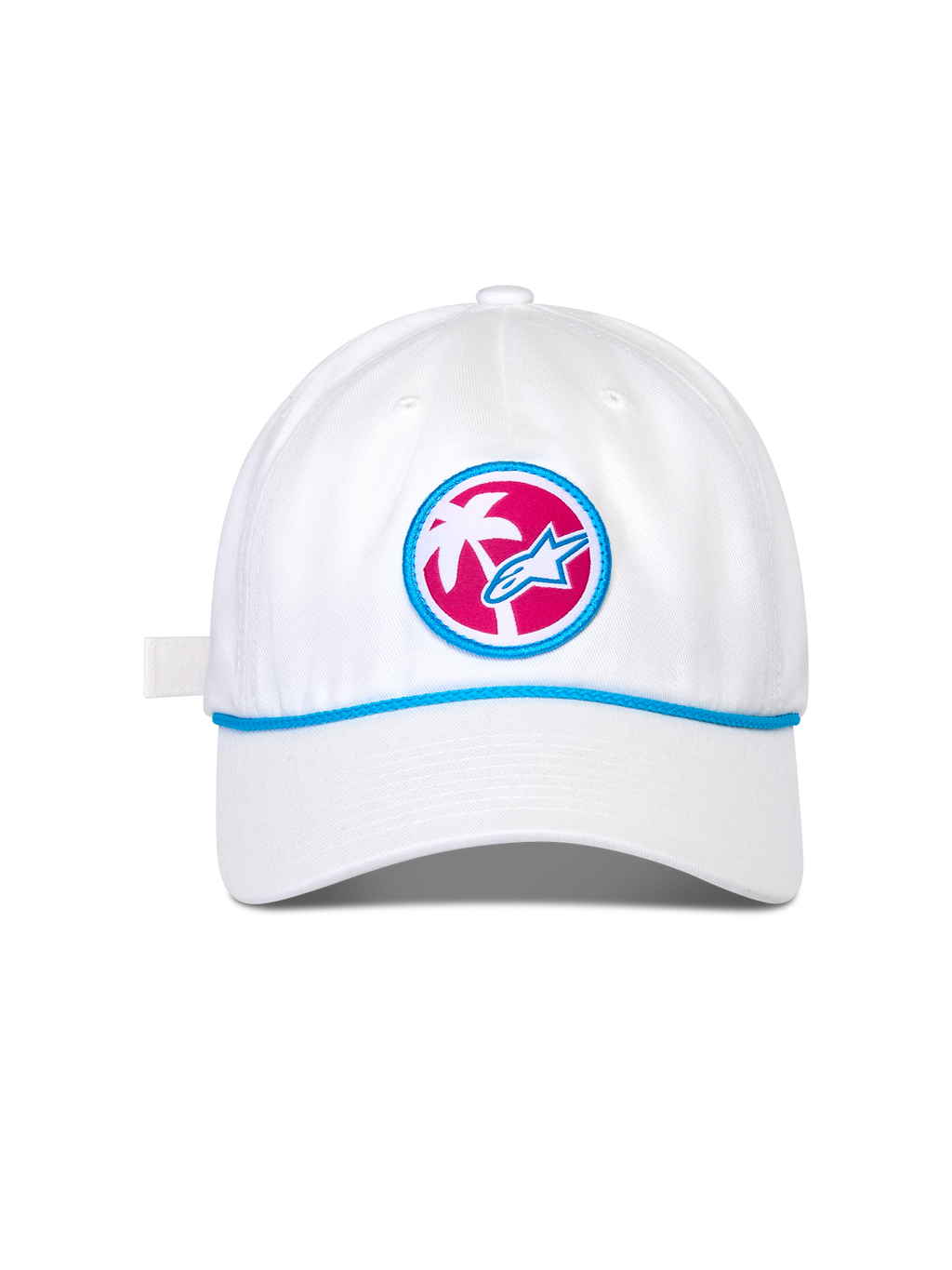 Casquette Alpinestars Calipalm Strapback, casquette de baseball blanche, visière courbée avec détail de cordon bleu, écusson frontal circulaire sur fond rose avec palmier blanc et logo Astars bleu, couvre-chef sportswear décontracté