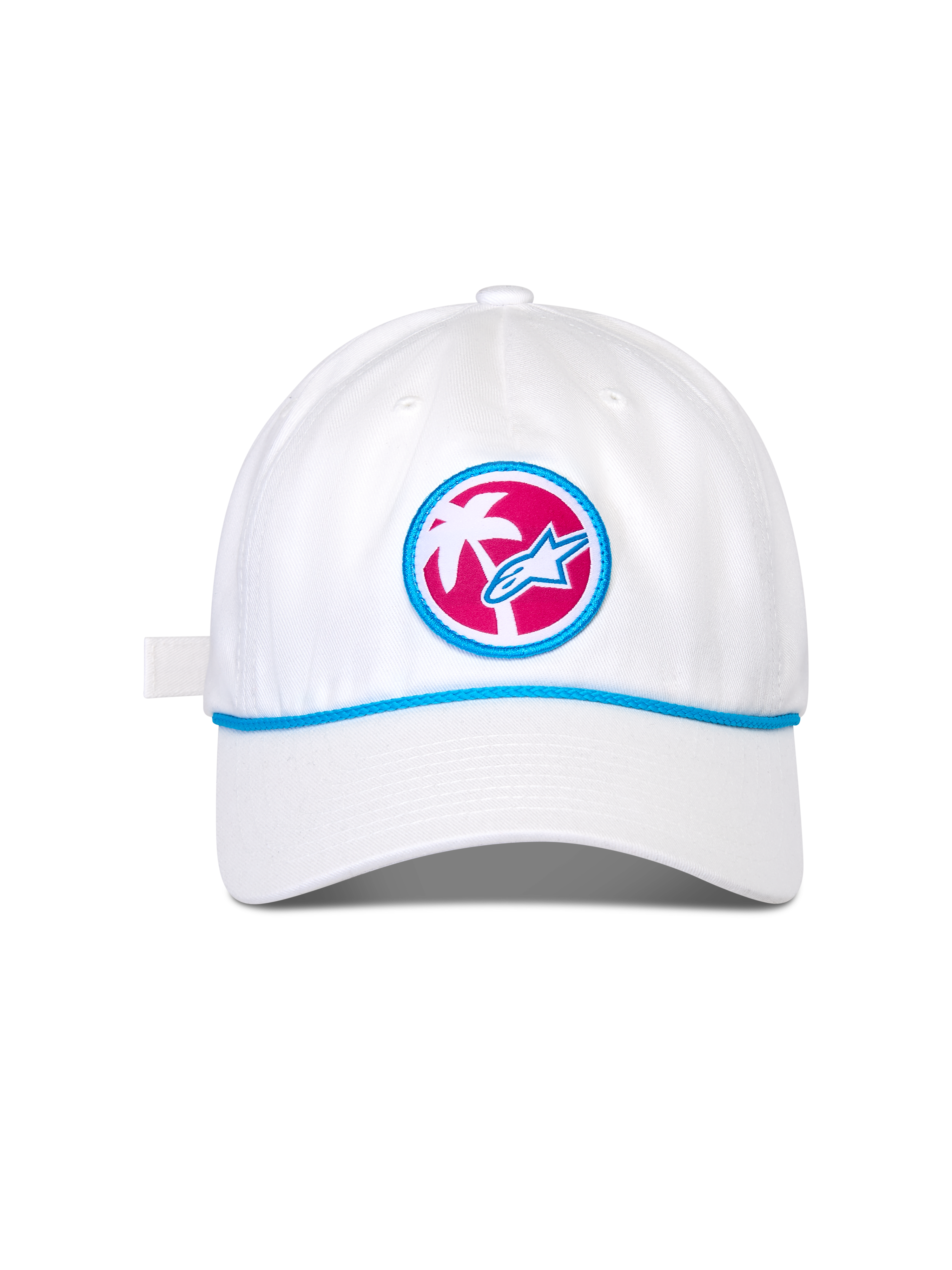 Casquette Alpinestars Calipalm Strapback, casquette de baseball blanche, visière courbée avec détail de cordon bleu, écusson frontal circulaire sur fond rose avec palmier blanc et logo Astars bleu, couvre-chef sportswear décontracté