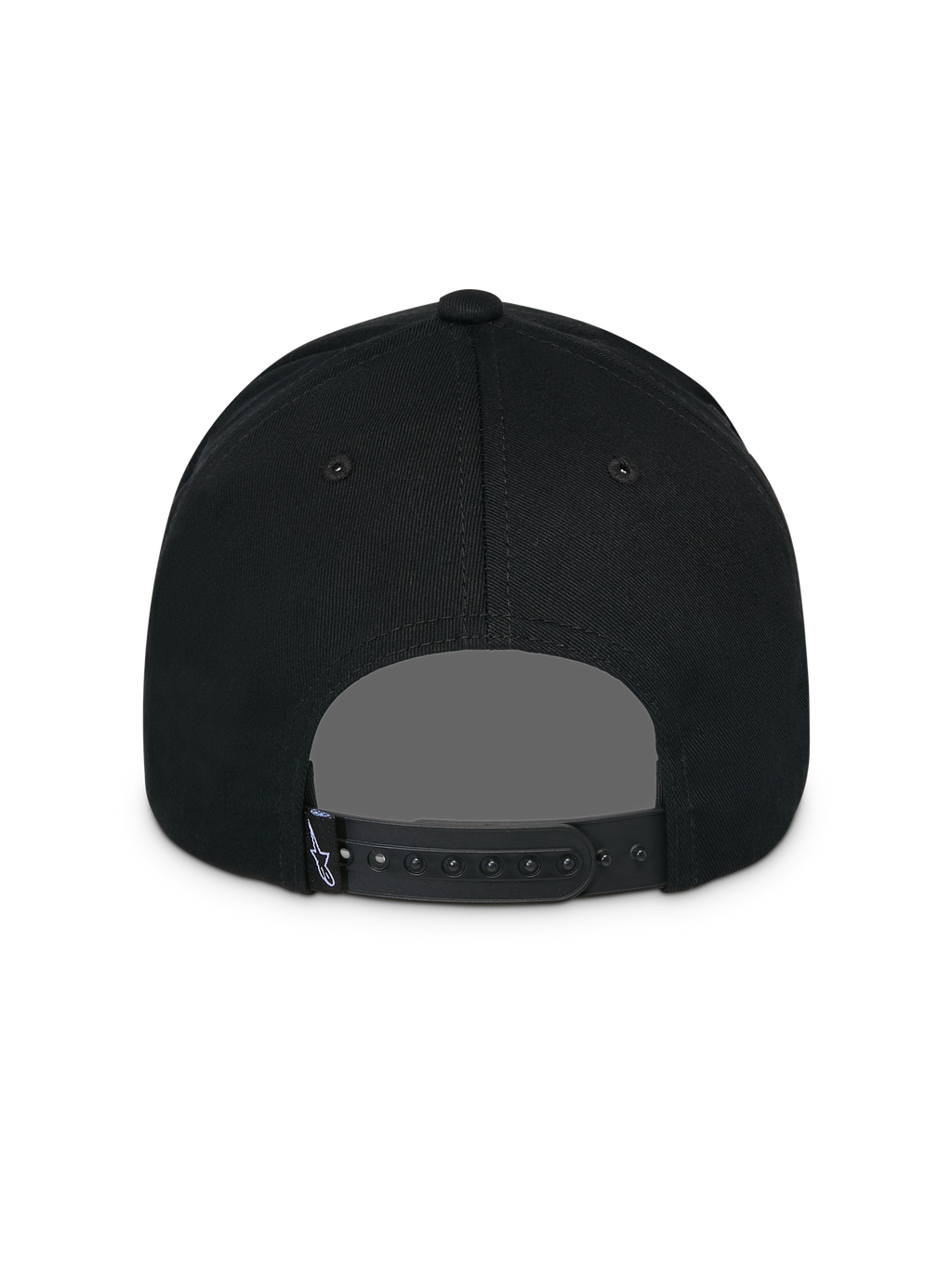 Casquette Snapback Lucid Alpinestars, noire, vue arrière, avec fermeture snapback réglable et petite étiquette logo Astars, couronne structurée, couvre-chef décontracté inspiré du sport automobile