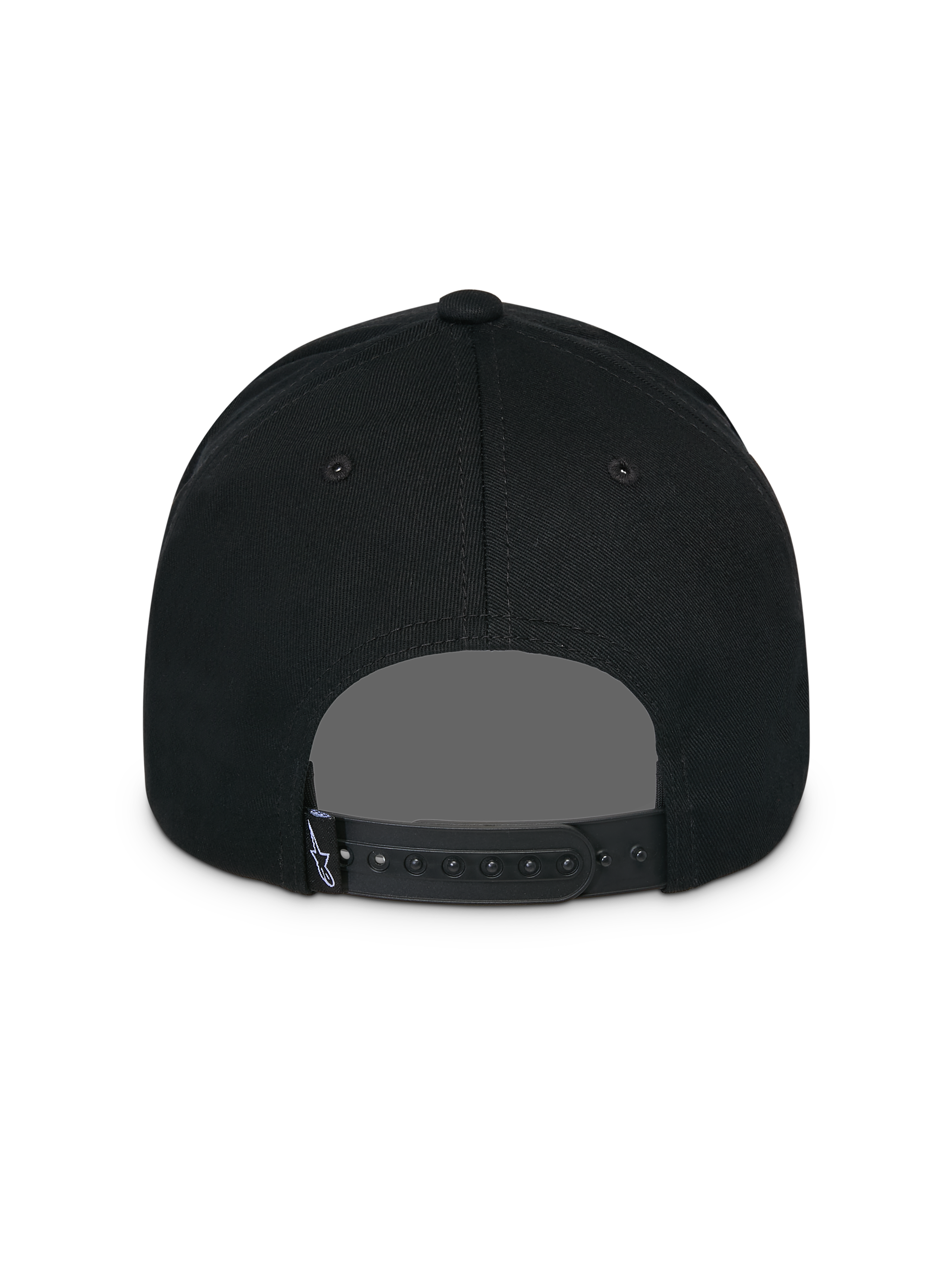 Casquette Snapback Lucid Alpinestars, noire, vue arrière, avec fermeture snapback réglable et petite étiquette logo Astars, couronne structurée, couvre-chef décontracté inspiré du sport automobile