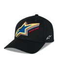 Casquette Snapback Lucid Alpinestars, casquette de baseball noire structurée, logo Astars brodé multicolore éclatant avec le texte « Racing Ahead » sur le devant, visière incurvée, logo blanc brodé sur le côté, accessoire de style sport mécanique décontracté