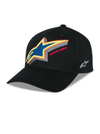 Casquette Snapback Lucid Alpinestars, casquette de baseball noire structurée, logo Astars brodé multicolore éclatant avec le texte « Racing Ahead » sur le devant, visière incurvée, logo blanc brodé sur le côté, accessoire de style sport mécanique décontracté
