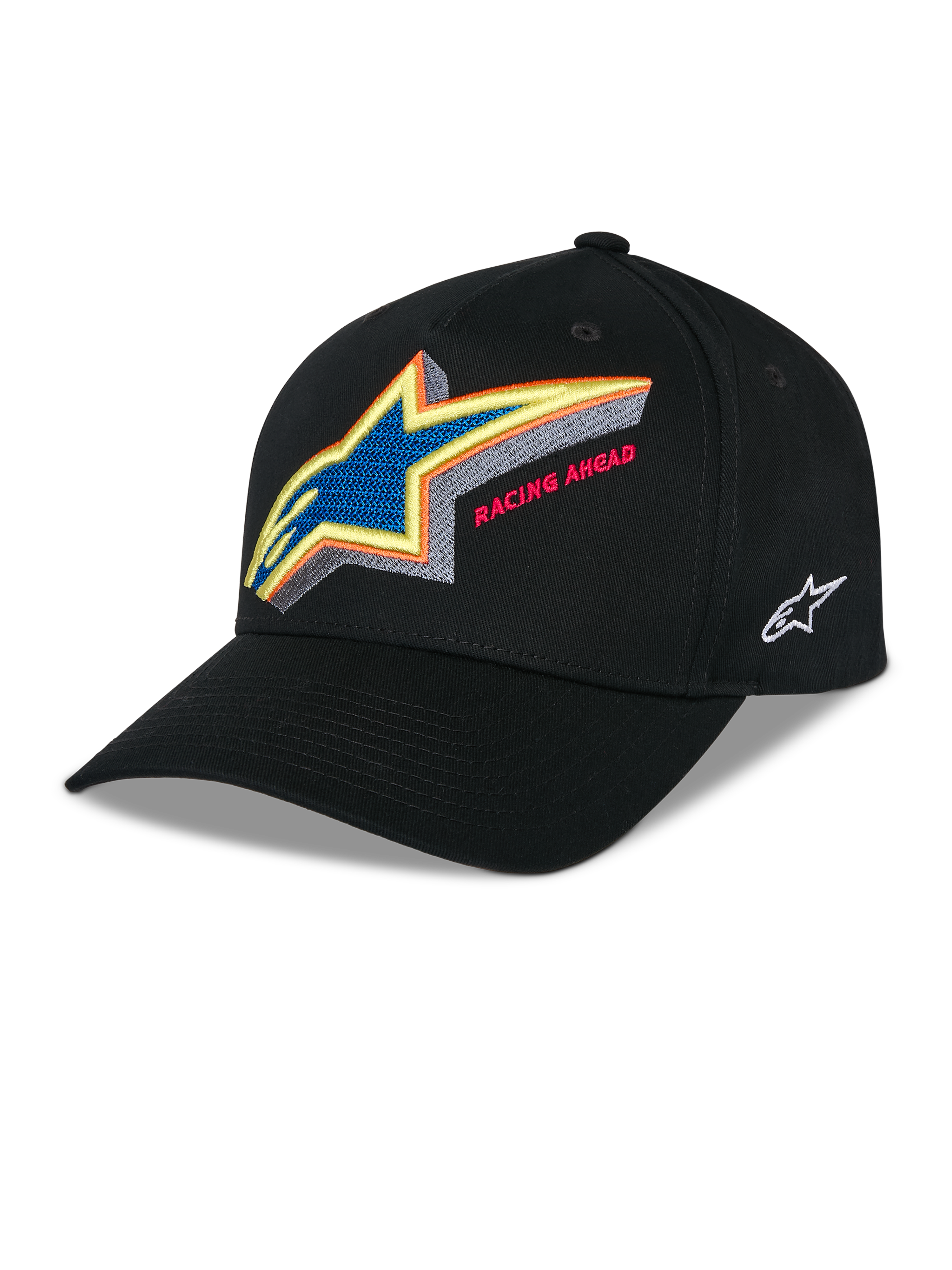Casquette Snapback Lucid Alpinestars, casquette de baseball noire structurée, logo Astars brodé multicolore éclatant avec le texte « Racing Ahead » sur le devant, visière incurvée, logo blanc brodé sur le côté, accessoire de style sport mécanique décontracté