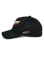 Casquette Snapback Alpinestars Lucid, noire, couronne structurée avec visière incurvée, broderie multicolore vibrante du logo Astars sur le devant et logo blanc sur le côté, vêtement sportswear décontracté d'inspiration sport mécanique