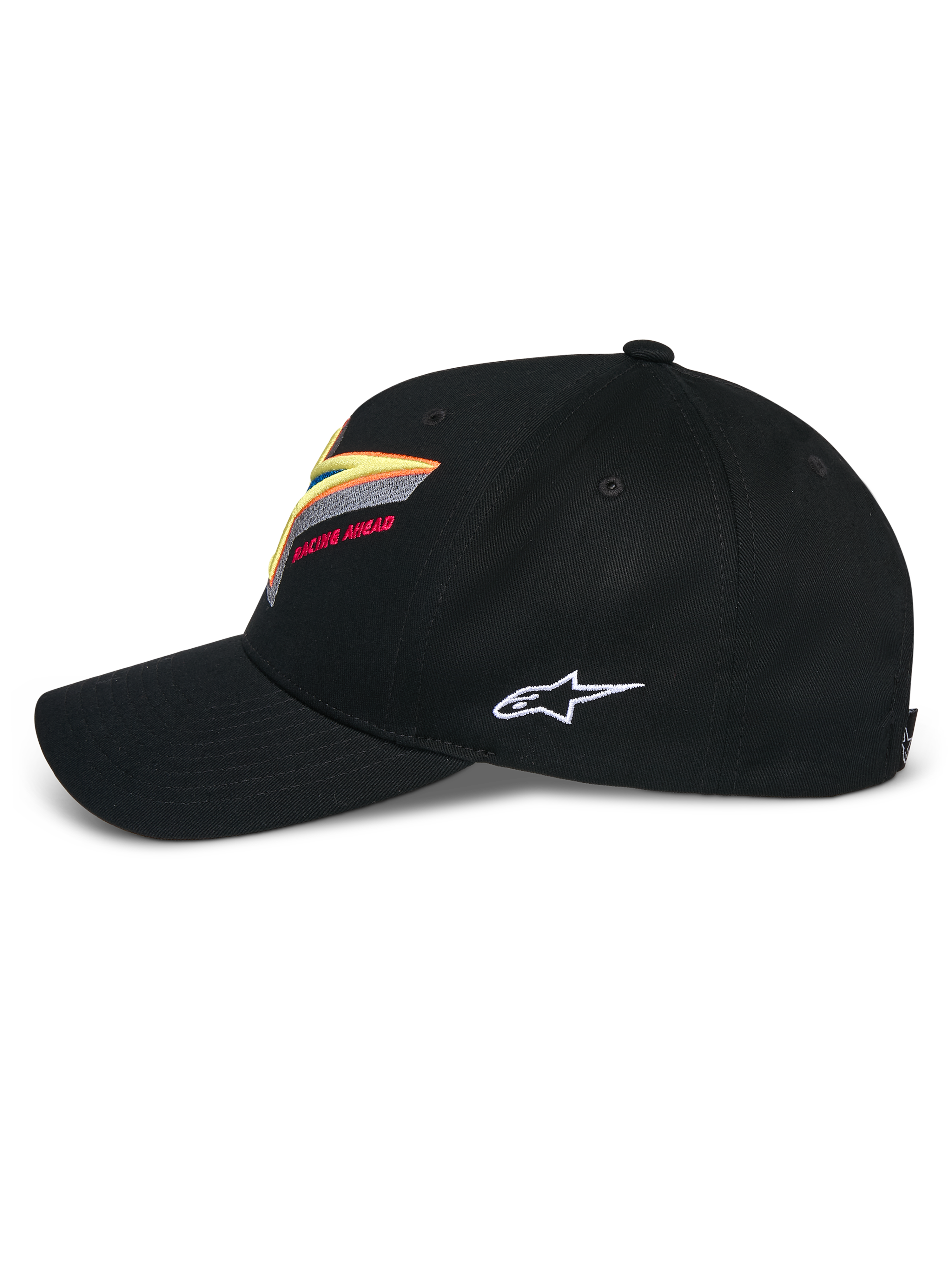 Casquette Snapback Alpinestars Lucid, noire, couronne structurée avec visière incurvée, broderie multicolore vibrante du logo Astars sur le devant et logo blanc sur le côté, vêtement sportswear décontracté d'inspiration sport mécanique