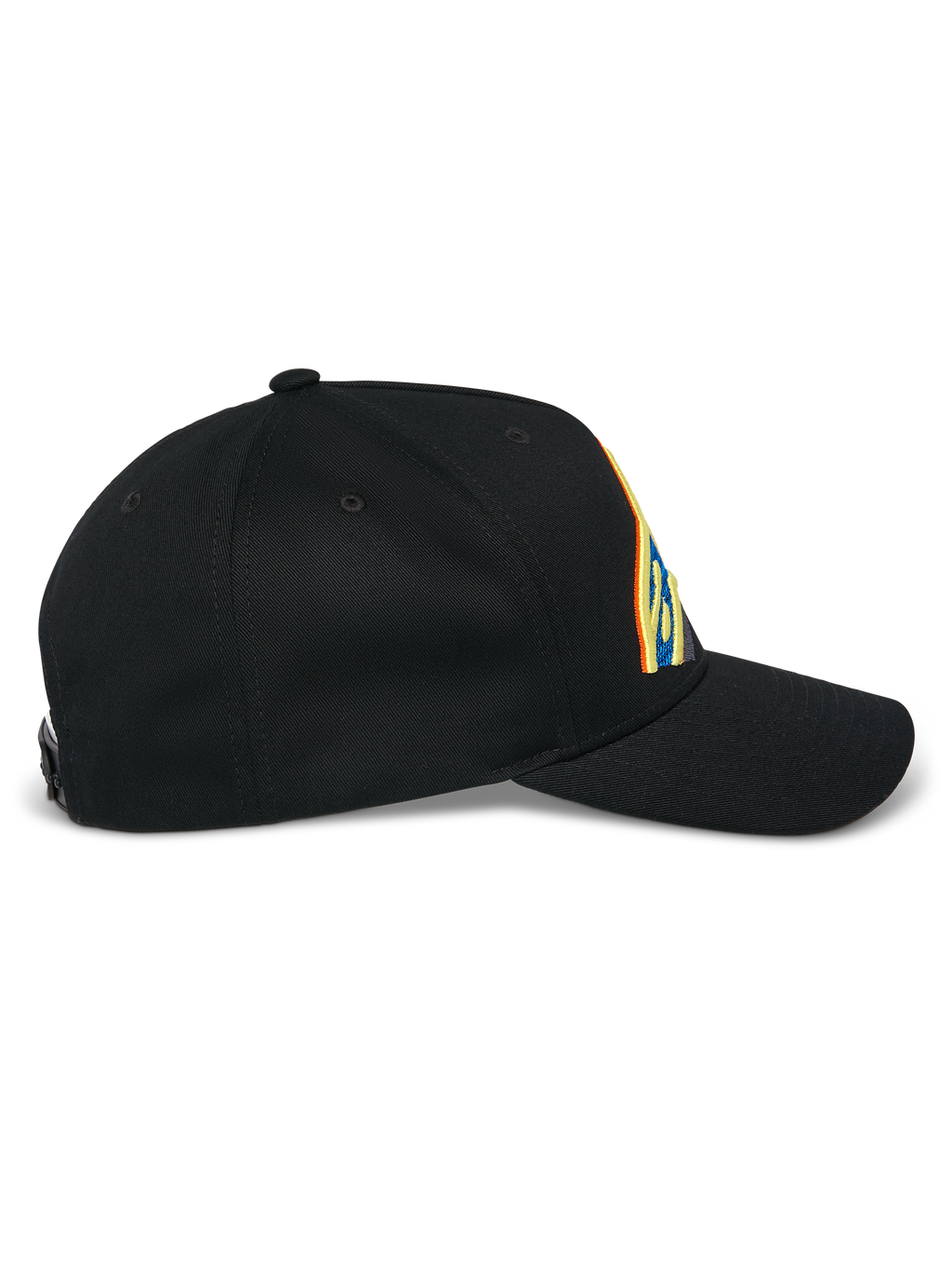 Casquette Snapback Lucid Alpinestars, noire, vue de profil, visière incurvée avec couronne structurée, broderie du logo multicolore éclatante, tissu en sergé 100 % coton