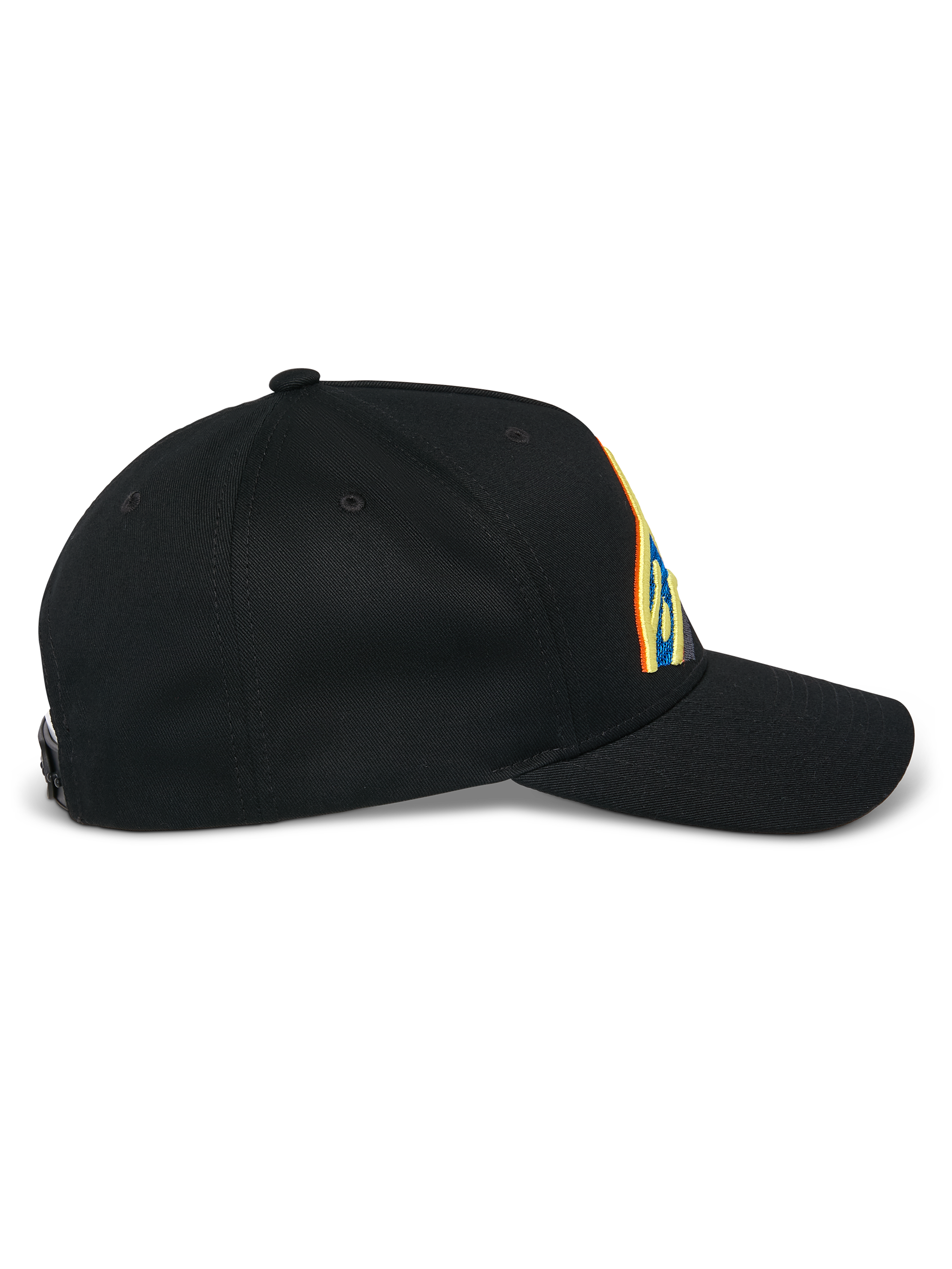 Casquette Snapback Lucid Alpinestars, noire, vue de profil, visière incurvée avec couronne structurée, broderie du logo multicolore éclatante, tissu en sergé 100 % coton