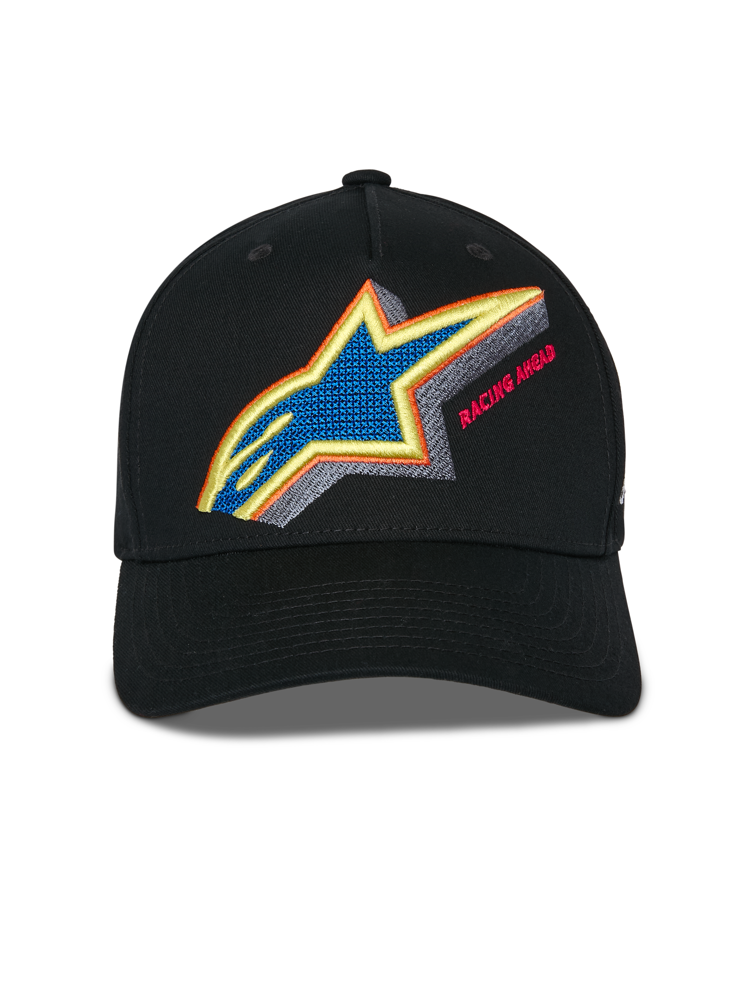 Casquette Snapback Alpinestars Lucid, noire, vue de face montrant une broderie multicolore vibrante du logo Astars avec le texte Racing Ahead, visière incurvée et couronne structurée, accessoire sportswear décontracté