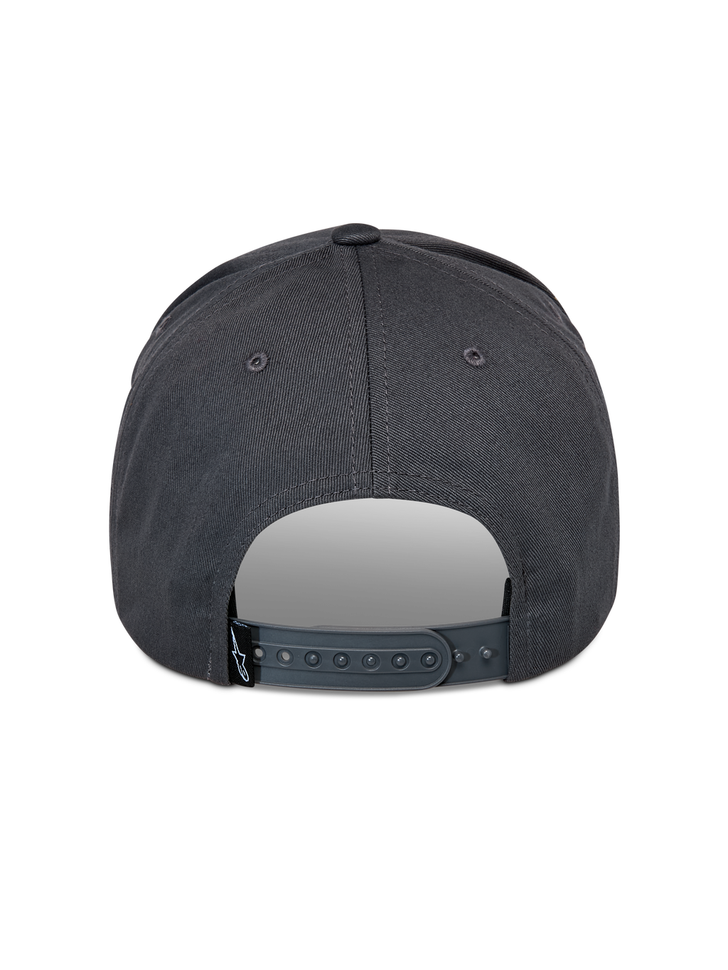 Casquette Snapback Lucid Alpinestars, gris anthracite, vue arrière montrant la fermeture snapback réglable en plastique et une petite étiquette noire avec logo, couronne structurée, couvre-chef décontracté inspiré du sport automobile