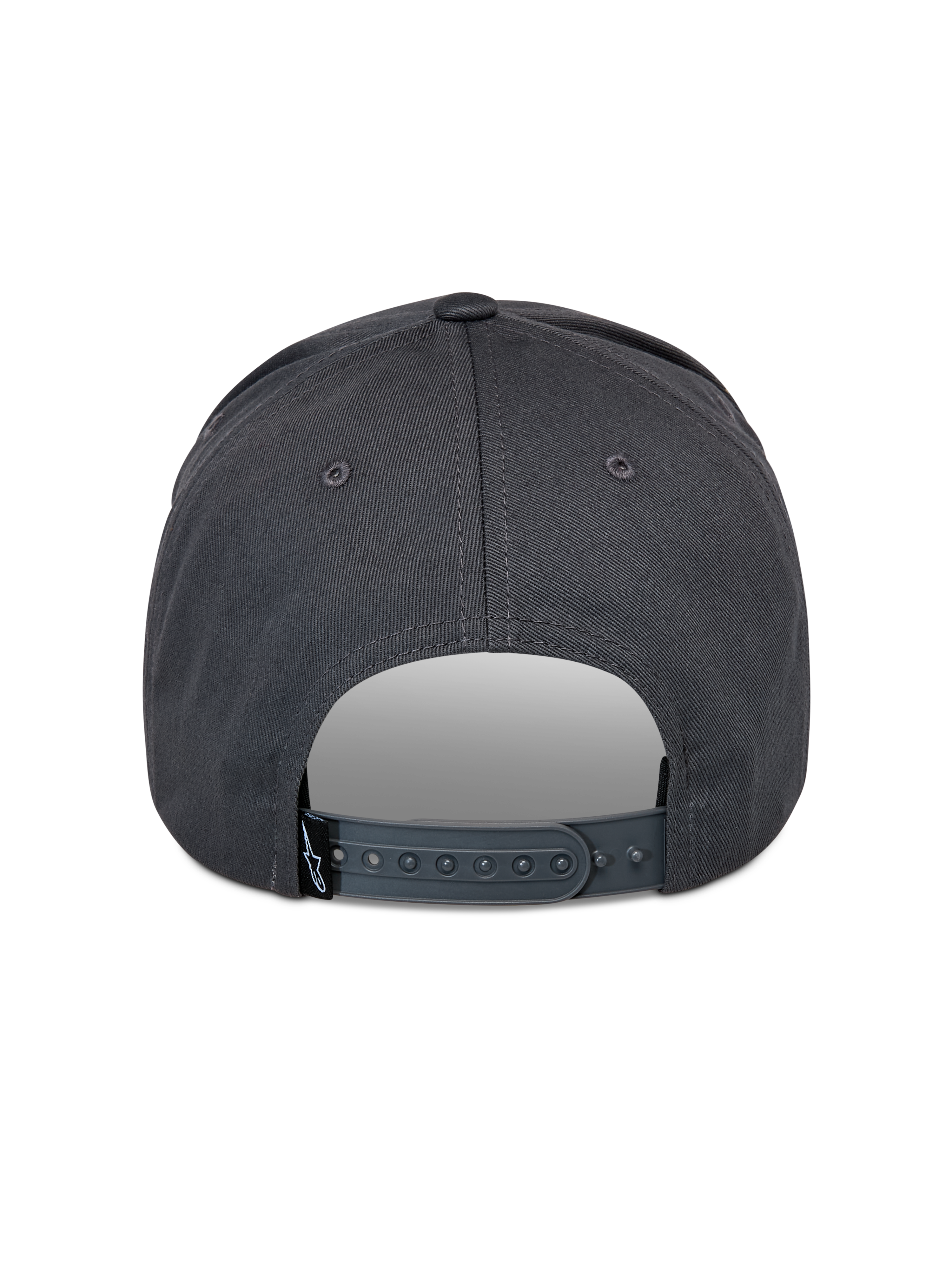 Casquette Snapback Lucid Alpinestars, gris anthracite, vue arrière montrant la fermeture snapback réglable en plastique et une petite étiquette noire avec logo, couronne structurée, couvre-chef décontracté inspiré du sport automobile