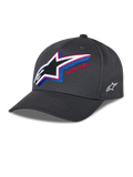 Casquette Snapback Alpinestars Lucid, casquette de baseball gris anthracite, visière incurvée avec couronne structurée, grand logo Astars brodé multicolore à l'avant avec texte 'Racing Ahead', petit logo blanc sur le côté, style motorsport décontracté