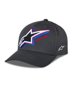 Casquette Snapback Alpinestars Lucid, casquette de baseball gris anthracite, visière incurvée avec couronne structurée, grand logo Astars brodé multicolore à l'avant avec texte 'Racing Ahead', petit logo blanc sur le côté, style motorsport décontracté