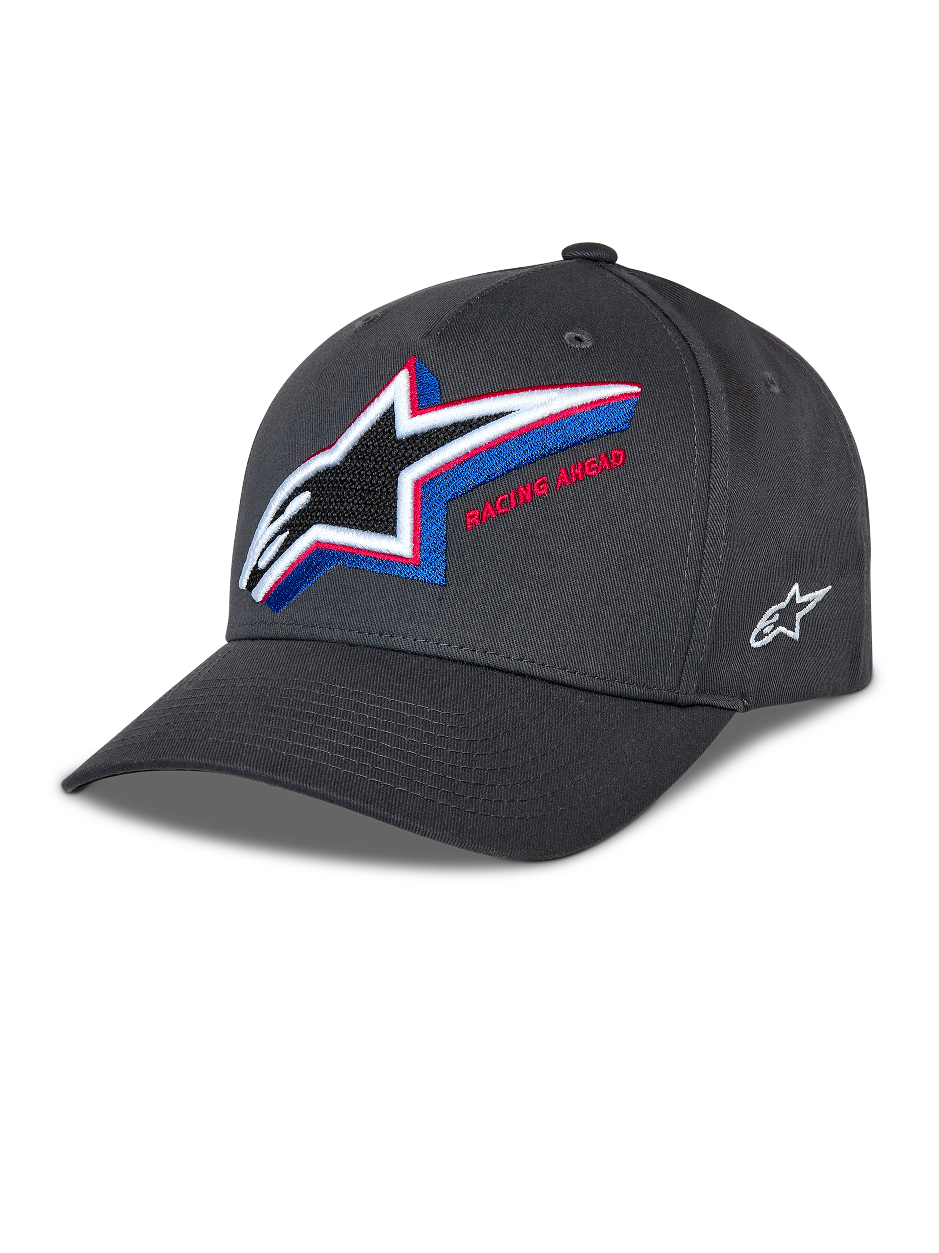 Casquette Snapback Alpinestars Lucid, casquette de baseball gris anthracite, visière incurvée avec couronne structurée, grand logo Astars brodé multicolore à l'avant avec texte 'Racing Ahead', petit logo blanc sur le côté, style motorsport décontracté