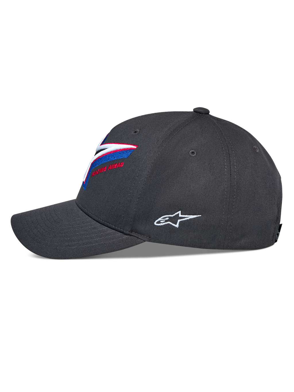 Casquette Snapback Alpinestars Lucid, vue de profil, gris anthracite, visière incurvée avec couronne structurée, broderie du logo multicolore éclatante sur le devant, logo Astars blanc sur le côté, accessoire motorsport décontracté