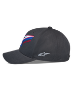 Casquette Snapback Alpinestars Lucid, vue de profil, gris anthracite, visière incurvée avec couronne structurée, broderie du logo multicolore éclatante sur le devant, logo Astars blanc sur le côté, accessoire motorsport décontracté