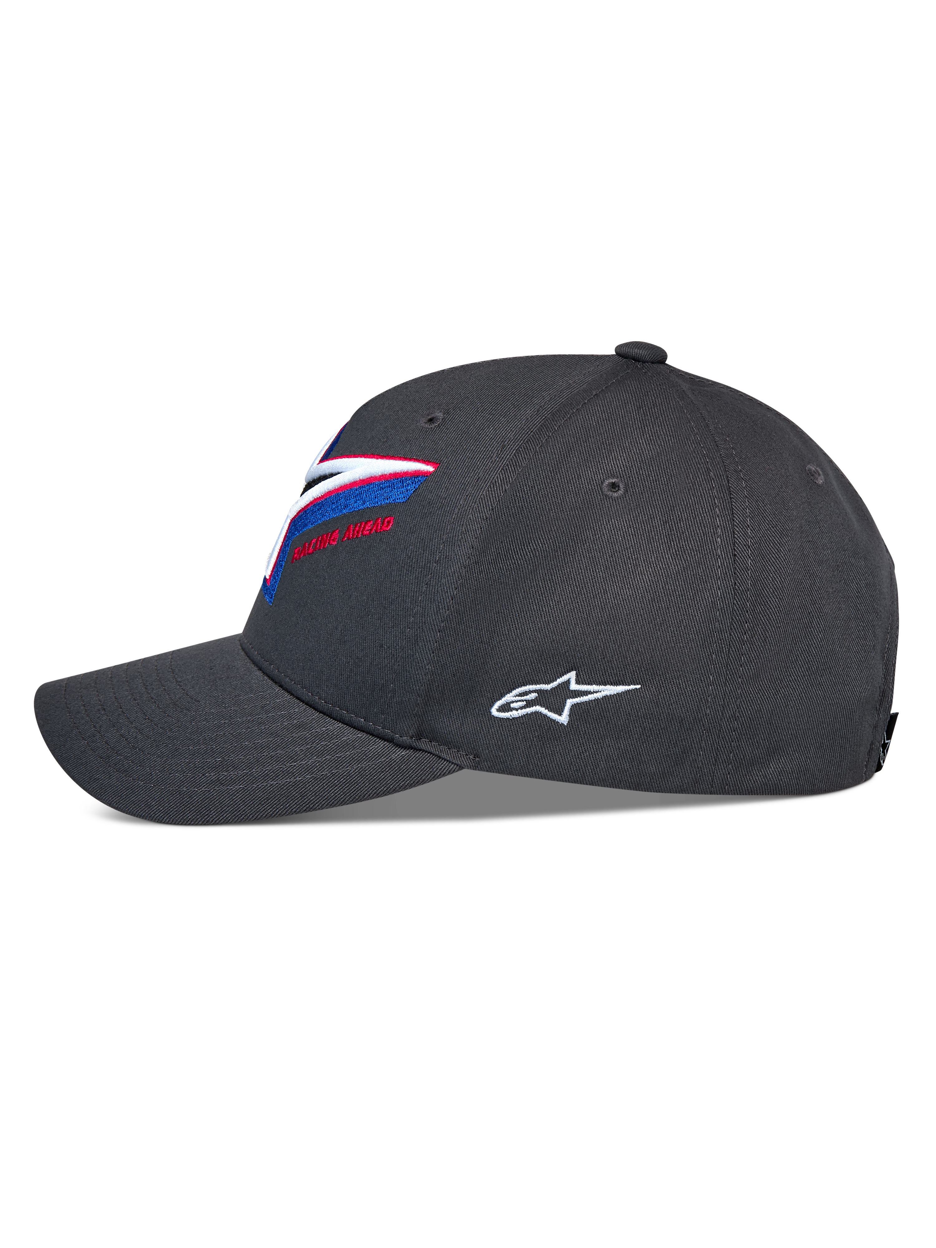 Casquette Snapback Alpinestars Lucid, vue de profil, gris anthracite, visière incurvée avec couronne structurée, broderie du logo multicolore éclatante sur le devant, logo Astars blanc sur le côté, accessoire motorsport décontracté