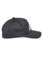 Casquette Snapback Lucid Alpinestars, vue de profil, gris anthracite, visière incurvée et couronne structurée, logo avant brodé avec remplissage multicolore, casquette snapback décontractée inspirée du sport automobile