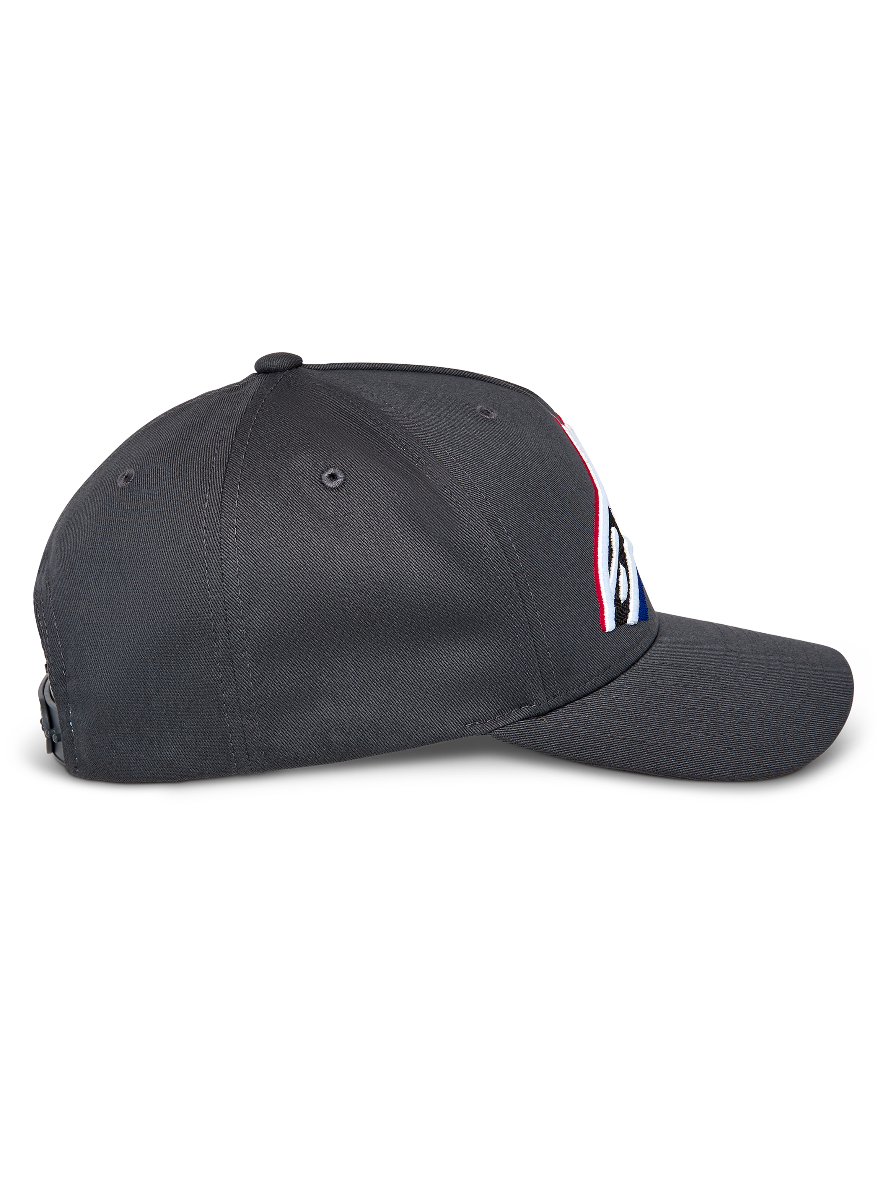 Casquette Snapback Lucid Alpinestars, vue de profil, gris anthracite, visière incurvée et couronne structurée, logo avant brodé avec remplissage multicolore, casquette snapback décontractée inspirée du sport automobile