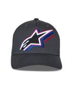 Casquette Snapback Alpinestars Lucid, gris anthracite, avec logo Astars brodé multicolore aux accents rouges et bleus, visière incurvée, couronne structurée, style streetwear motorsport décontracté