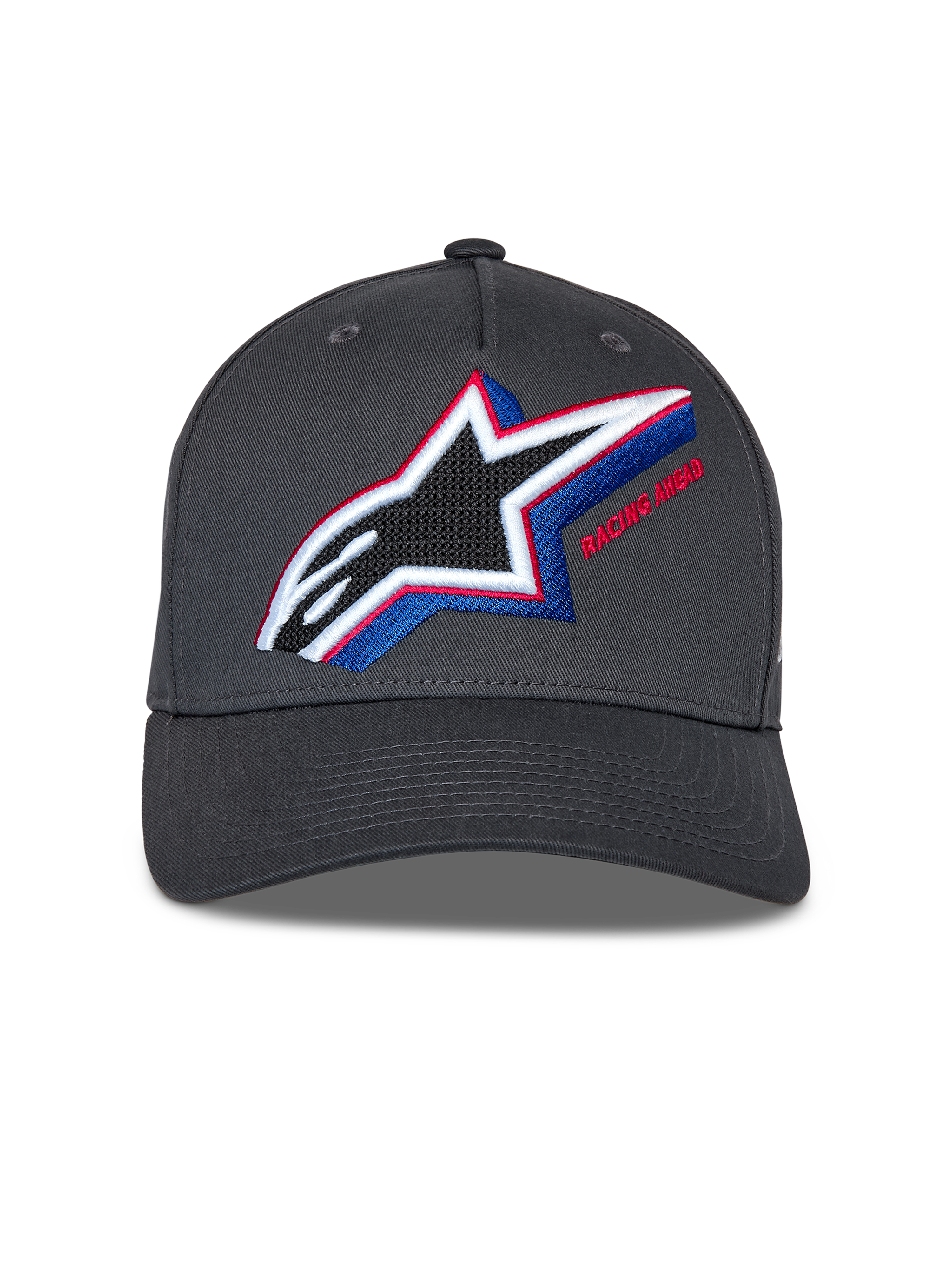 Casquette Snapback Alpinestars Lucid, gris anthracite, avec logo Astars brodé multicolore aux accents rouges et bleus, visière incurvée, couronne structurée, style streetwear motorsport décontracté
