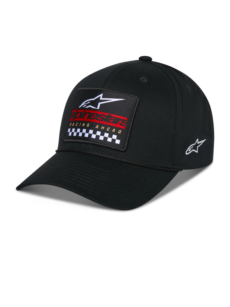 Casquette Snapback Matrix Alpinestars, noire, visière incurvée avec couronne structurée, écusson brodé multicolore à l'avant avec logo Alpinestars, marquage rouge et motif à damier, logo brodé sur le côté, couvre-chef motorsport décontracté
