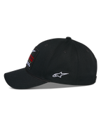 Alpinestars Matrix Snapback Hat, Black, side view of a casual baseball cap with a curved bill and structured crown, featuring a front multicolor embroidery patch and a white Astars logo on the side, cotton twill construction.